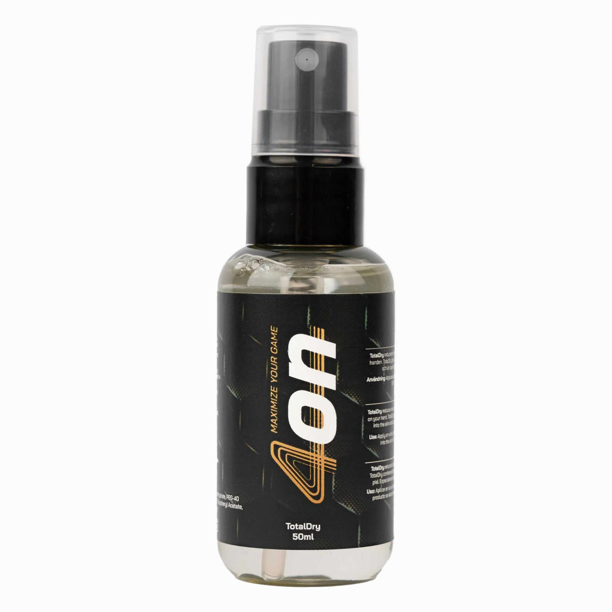 Nahaufnahme der 4on TotalDry Sprühflasche (50ml), die Schweißbildung an den Händen reduziert und den Griff verbessert.