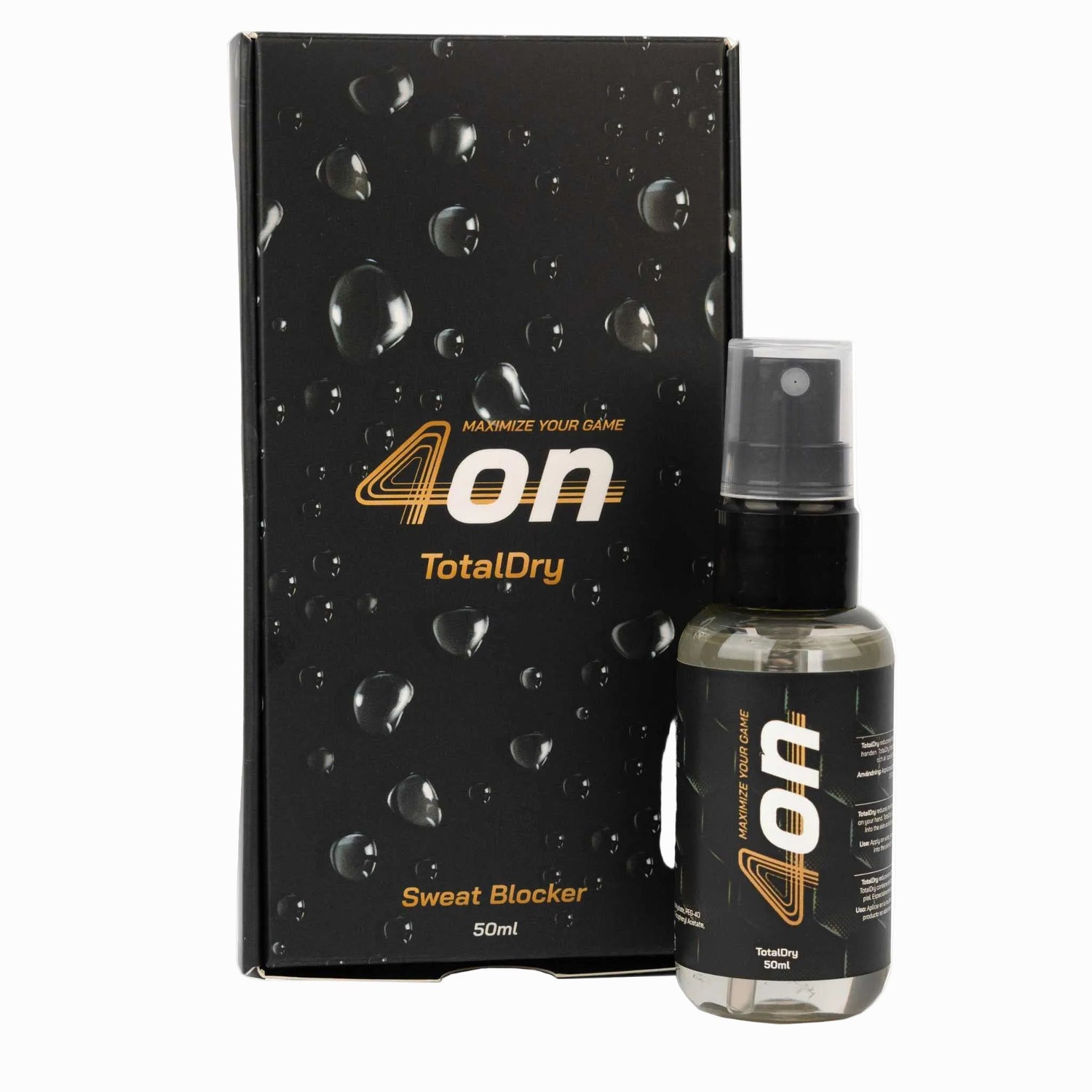 Das 4on TotalDry Spray neben der schwarzen Verpackung – ein effektiver Sweat Blocker für trockene Hände beim Padel.