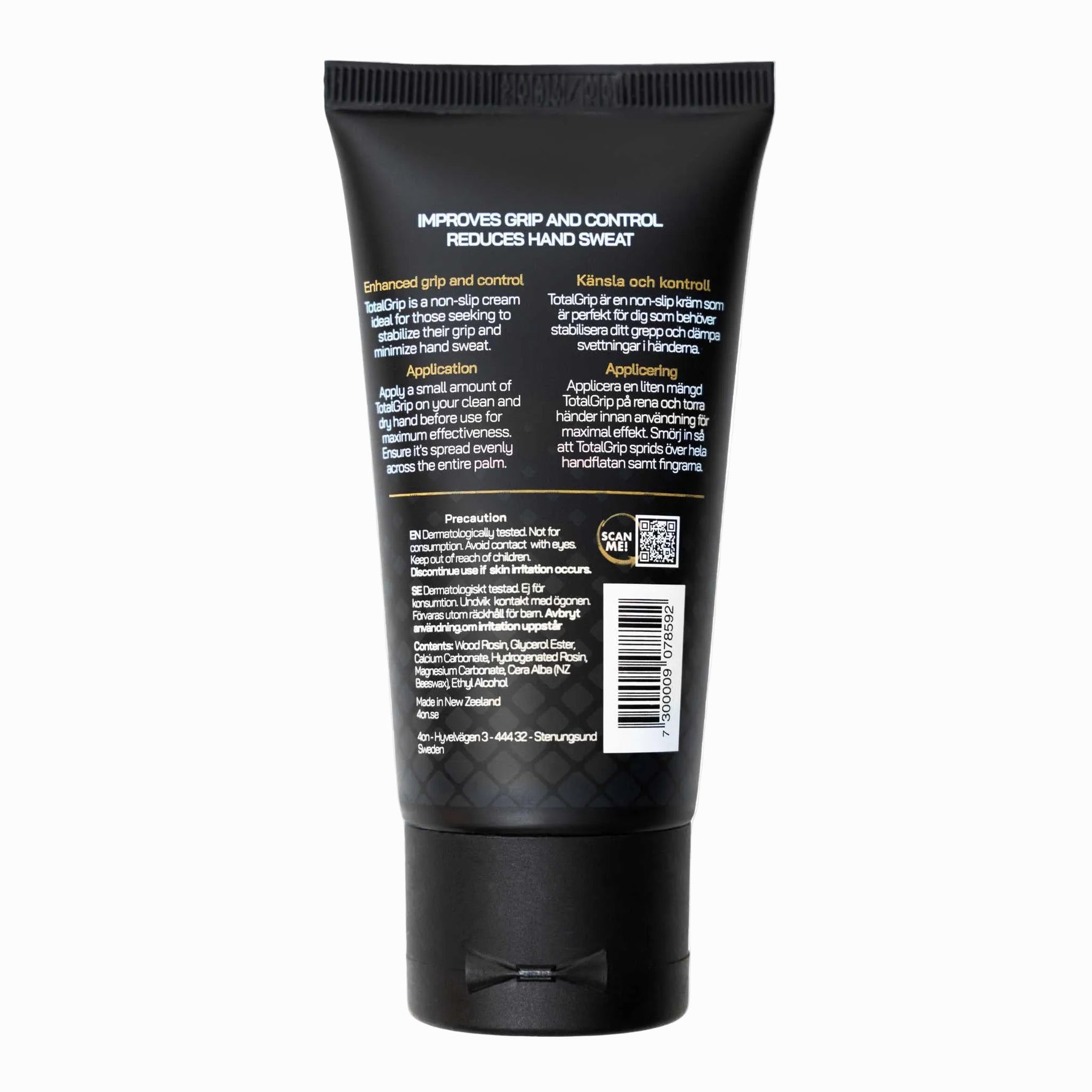 Rückseite der 4on Grip-Paste mit englischen Anwendungshinweisen für verbesserte Kontrolle und reduzierten Handschweiß.