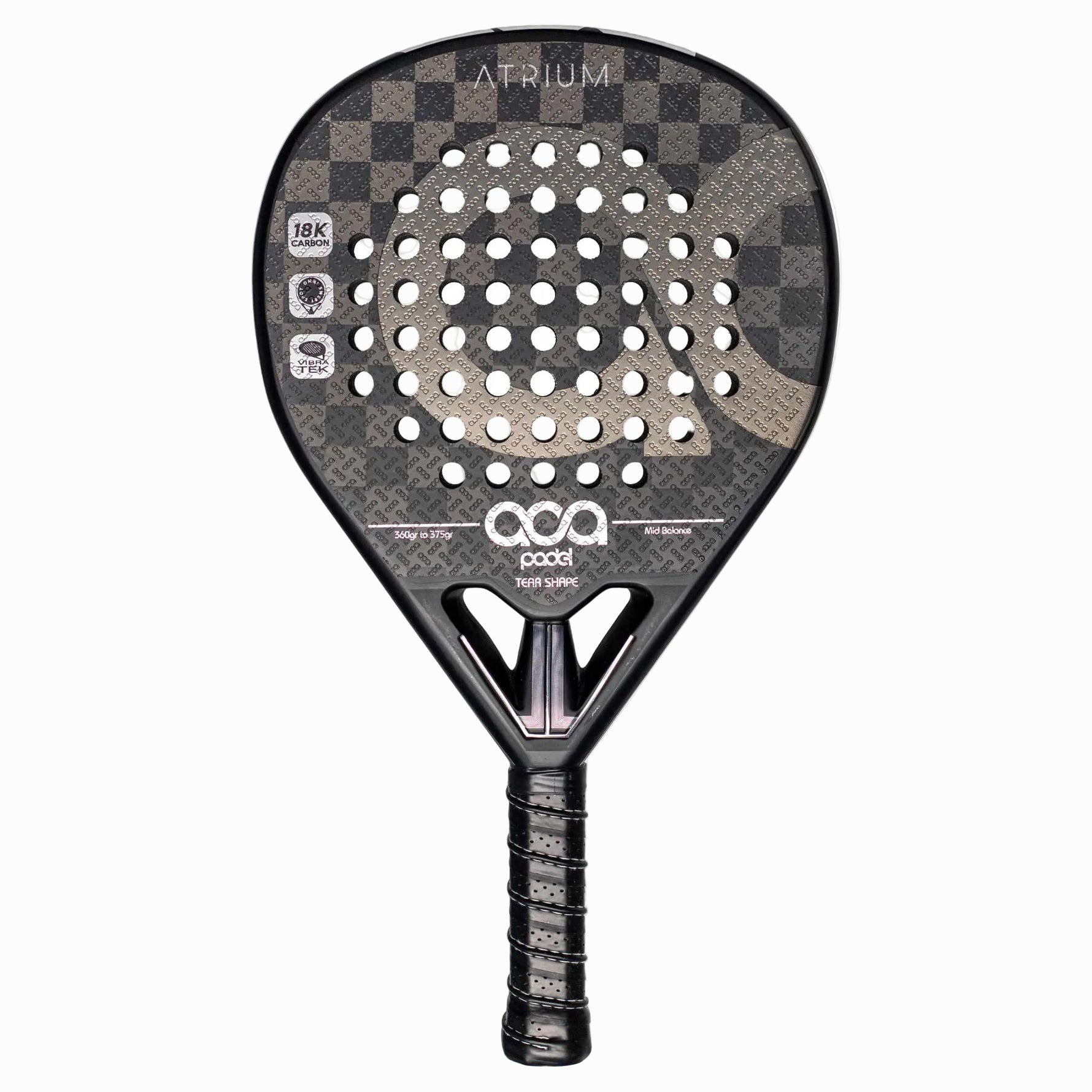 Frontansicht des ACA Padel Atrium Schlägers aus 18K Carbon mit schwarz-grauem Schachbrettmuster und Teardrop-Form
