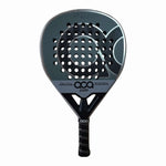 Frontalansicht des ACA Padel Atrium  2026 Padelschlägers in Grau und Schwarz mit Tropfenform (Teardrop Shape), Markenlogo und Gewichtsangabe 355g bis 370g vor weißem Hintergrund.