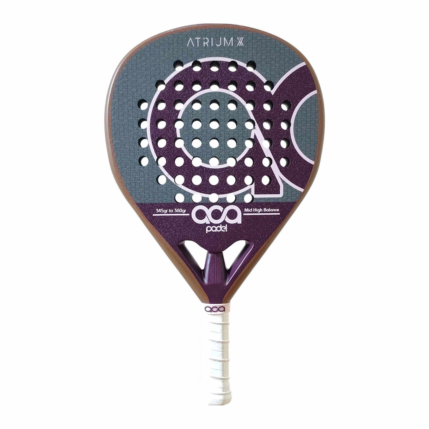 Frontalansicht des ACA Padel Atrium X Padelschlägers mit lilafarbenem Muster, bronzebraunem Rahmen, Hybrid-Form (Hybrid Shape) und Gewichtsangabe 345g bis 360g vor weißem Hintergrund.