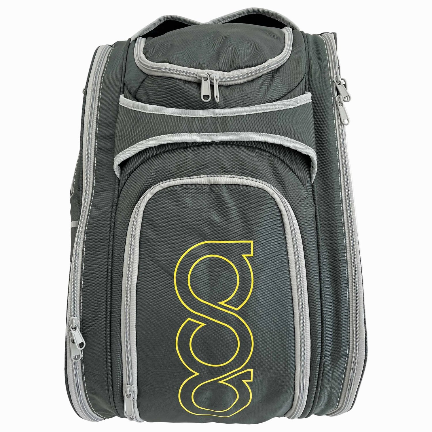 Frontalansicht der Padel Tasche mit praktischen Reißverschluss-Fächern für Accessoires und Wertsachen.