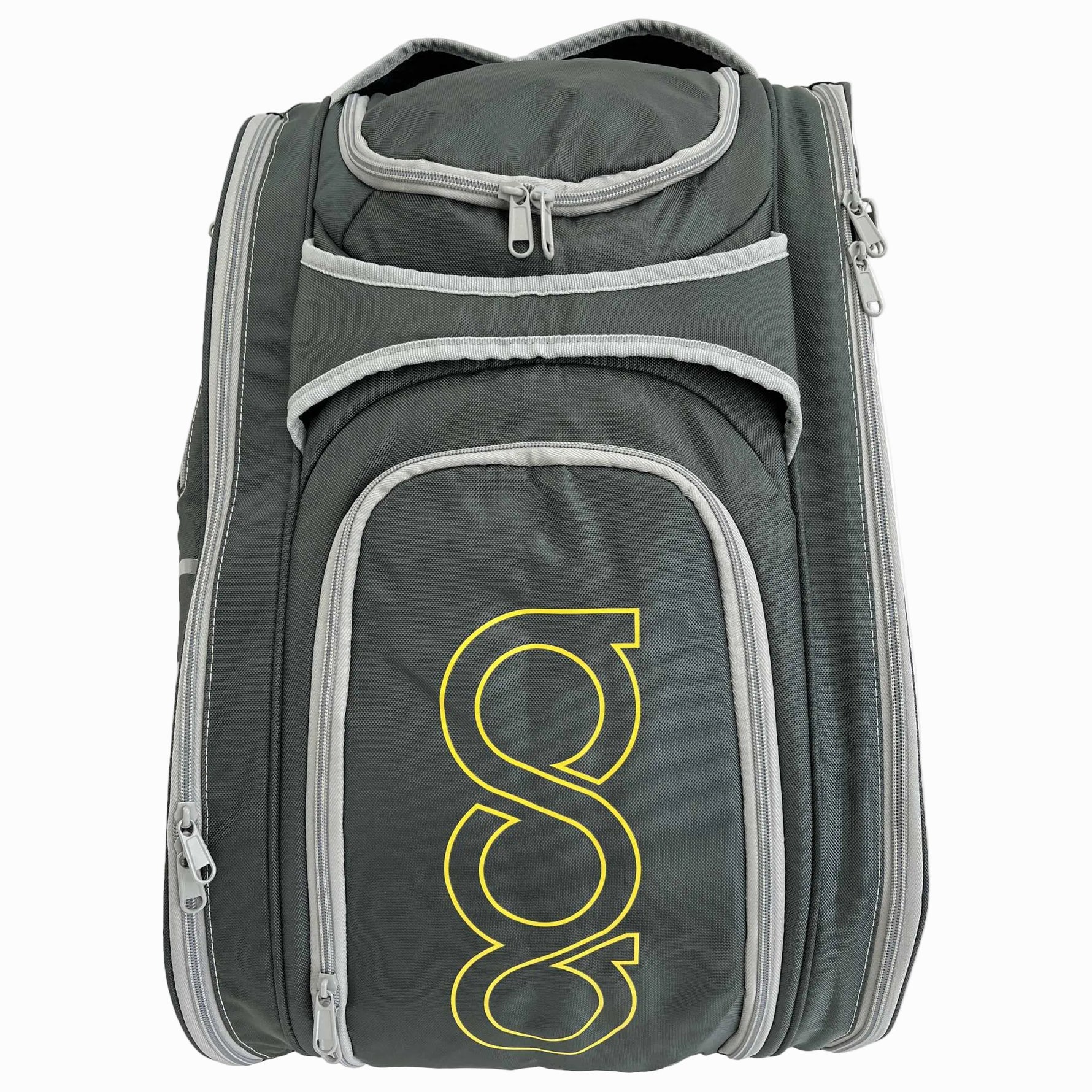 Frontalansicht der Padel Tasche mit praktischen Reißverschluss-Fächern für Accessoires und Wertsachen.