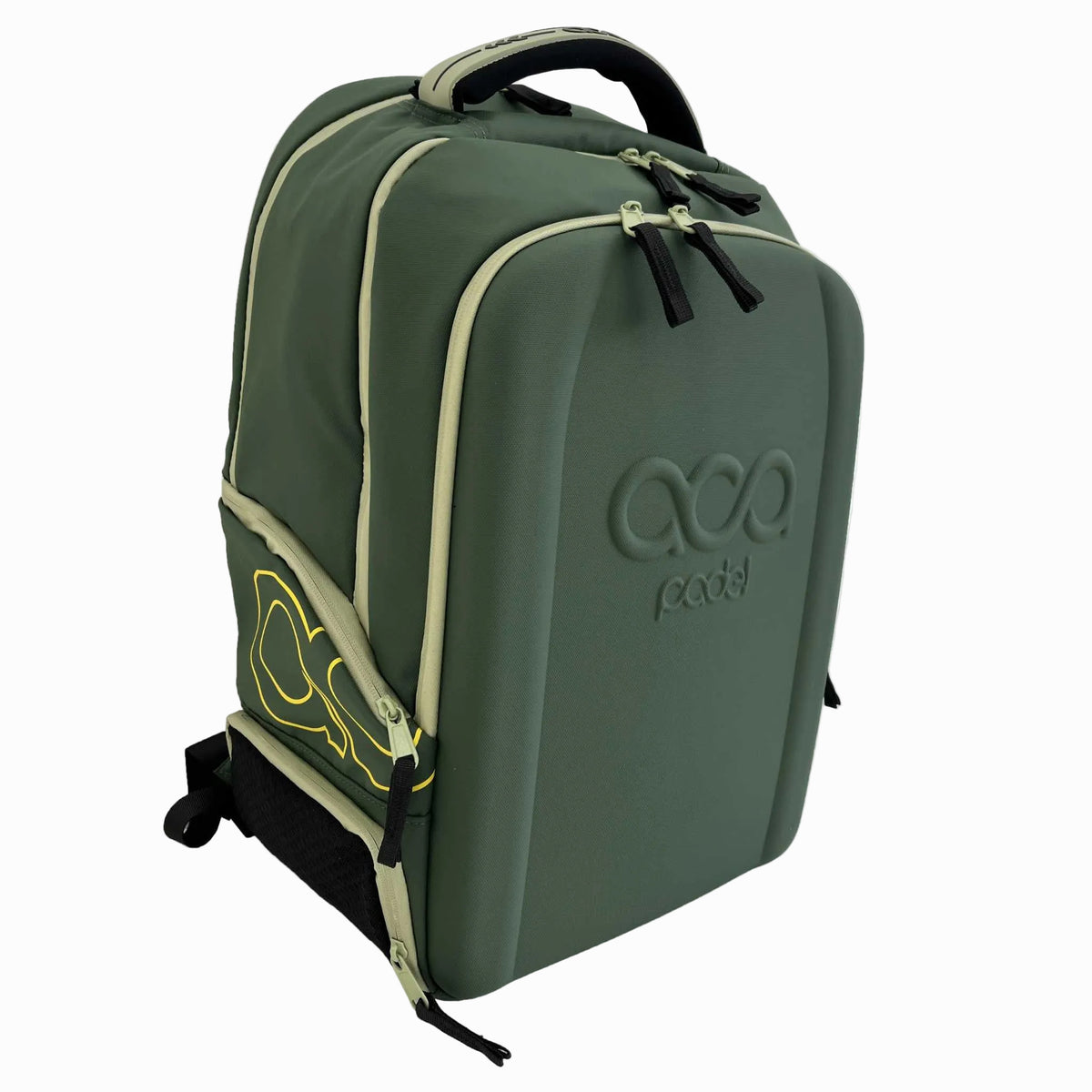 Seitenprofil des ACA Padel Backpacks, das die sportlichen gelben Design-Linien am Seitenfach zeigt.
