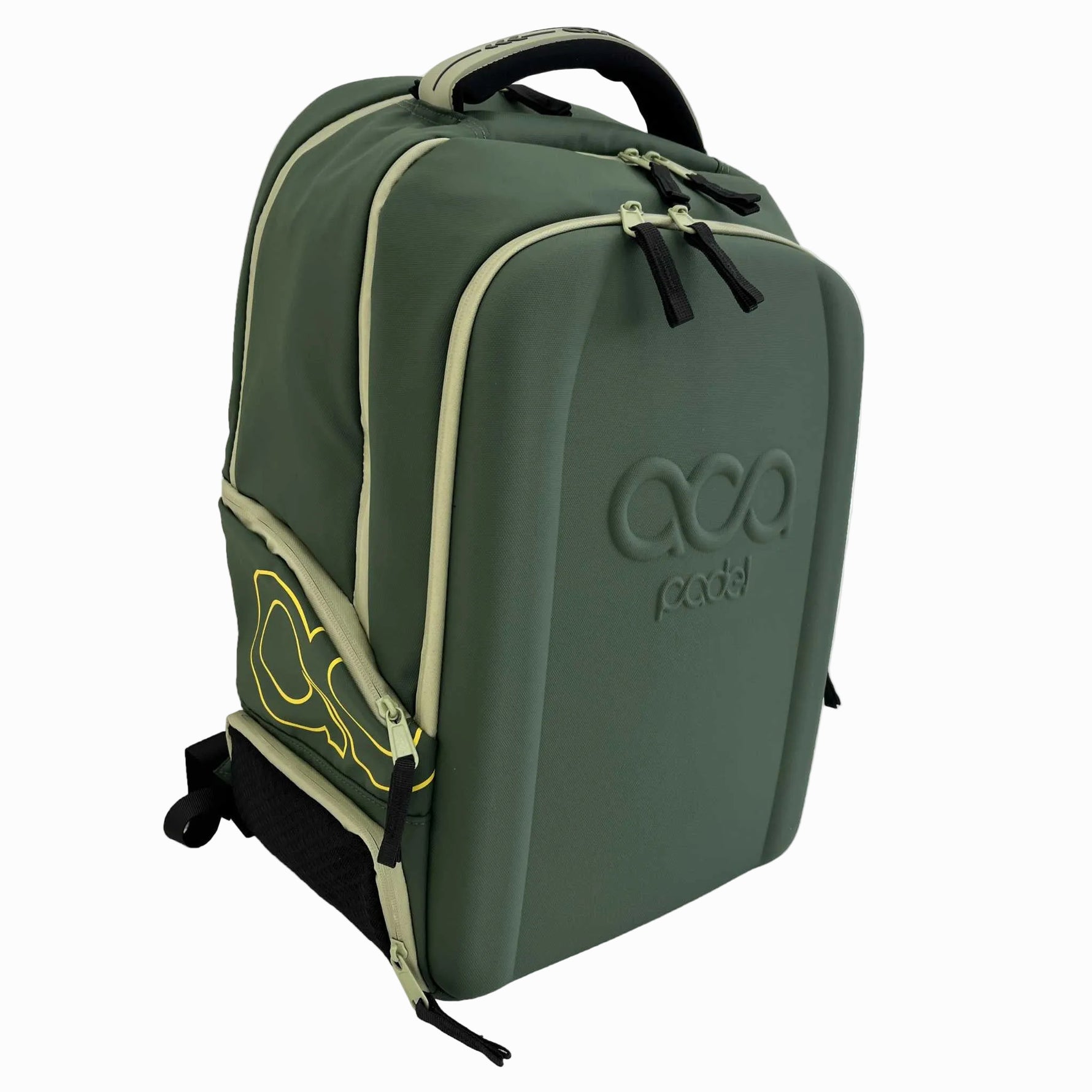Seitenprofil des ACA Padel Backpacks, das die sportlichen gelben Design-Linien am Seitenfach zeigt.
