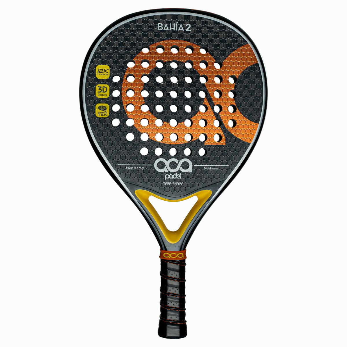 Frontansicht des ACA BAHIA 2 Padelschlägers aus 12K Carbon mit tränenförmiger Form.