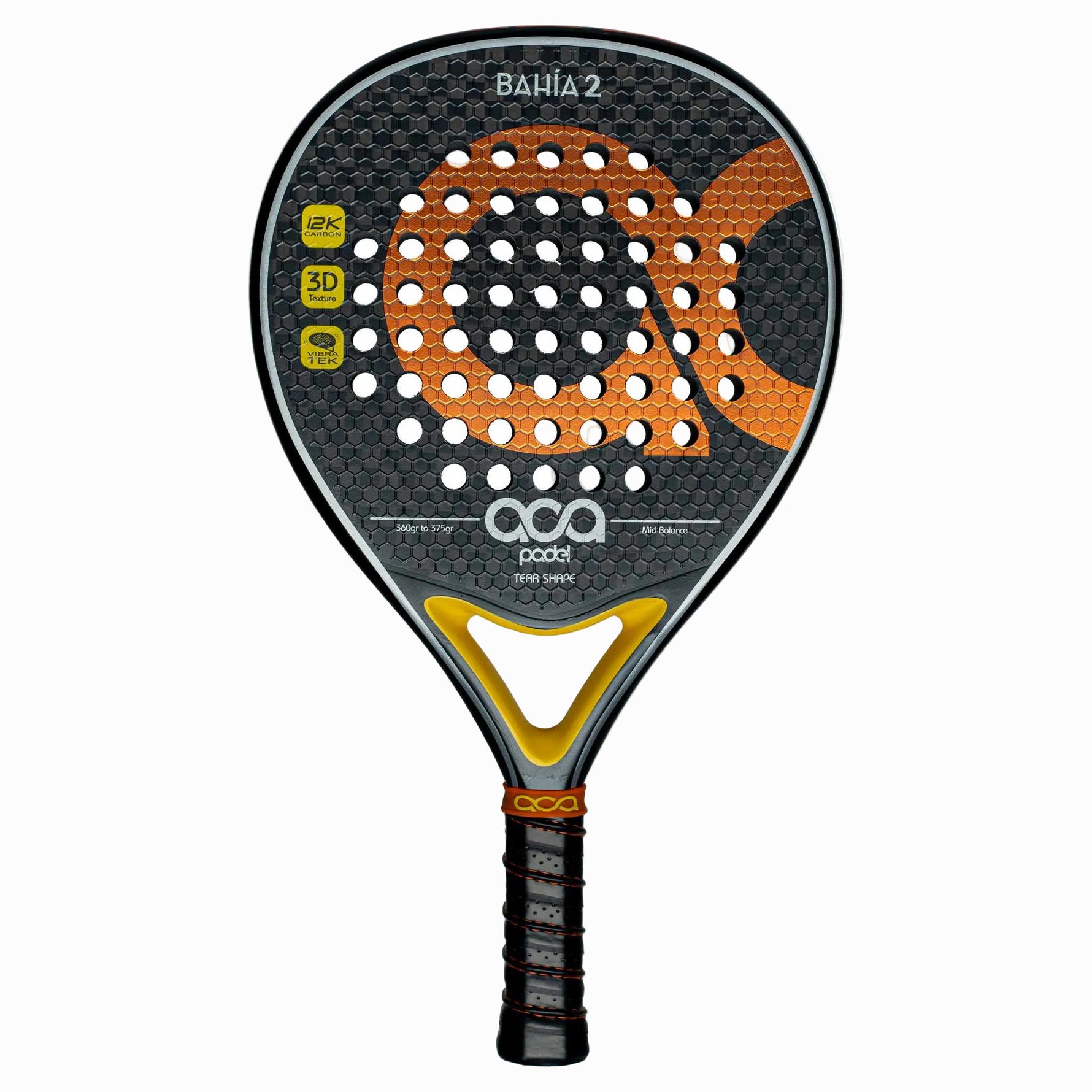 Frontansicht des ACA BAHIA 2 Padelschlägers aus 12K Carbon mit tränenförmiger Form.