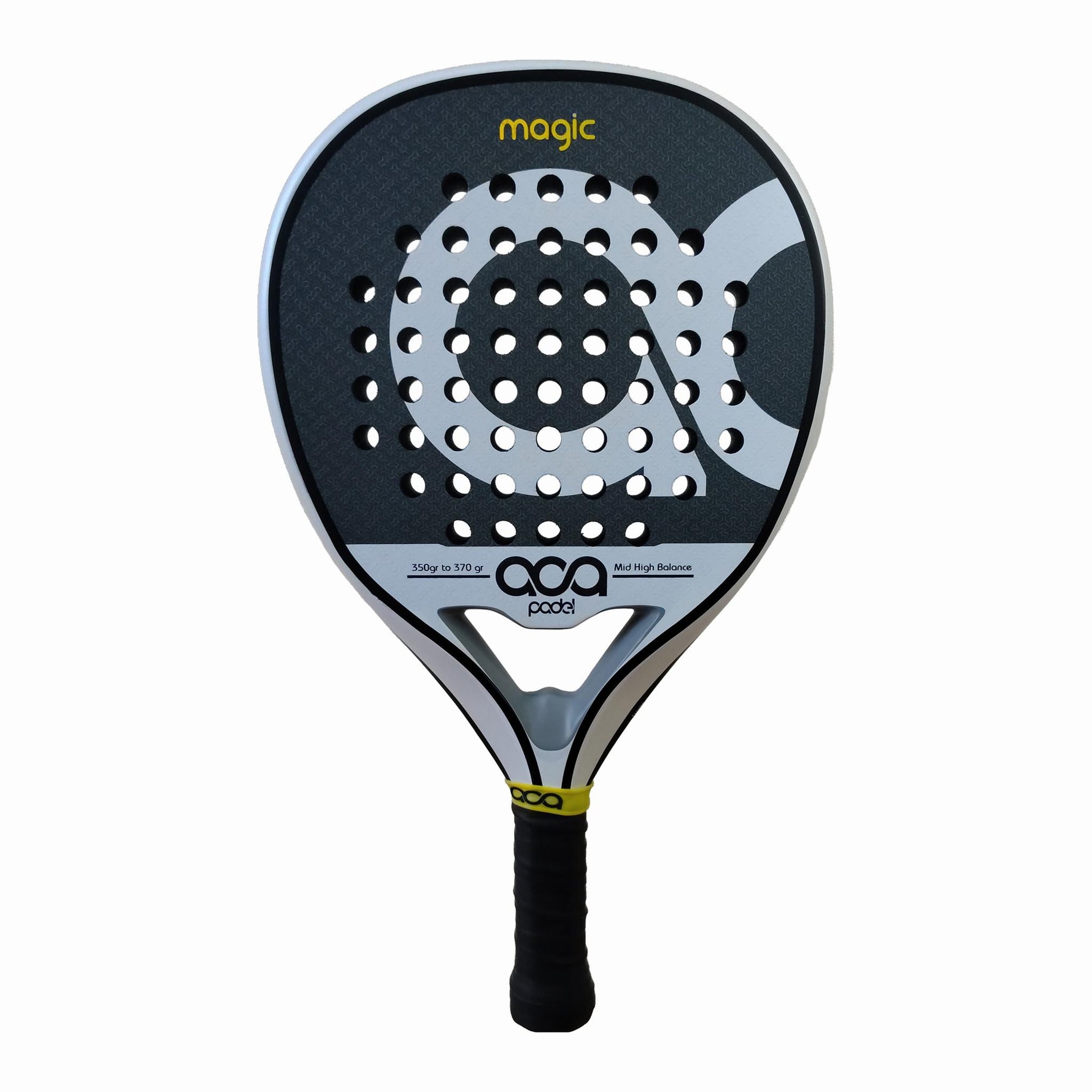 Frontalansicht des ACA Padel Magic 2026 Padelschlägers. Hochwertiges Hybrid-Racket in Grau, Schwarz und Weiß mit markantem gelbem Magic-Schriftzug, 12K Carbon-Schlagfläche und ACA 3D Oberfläche.