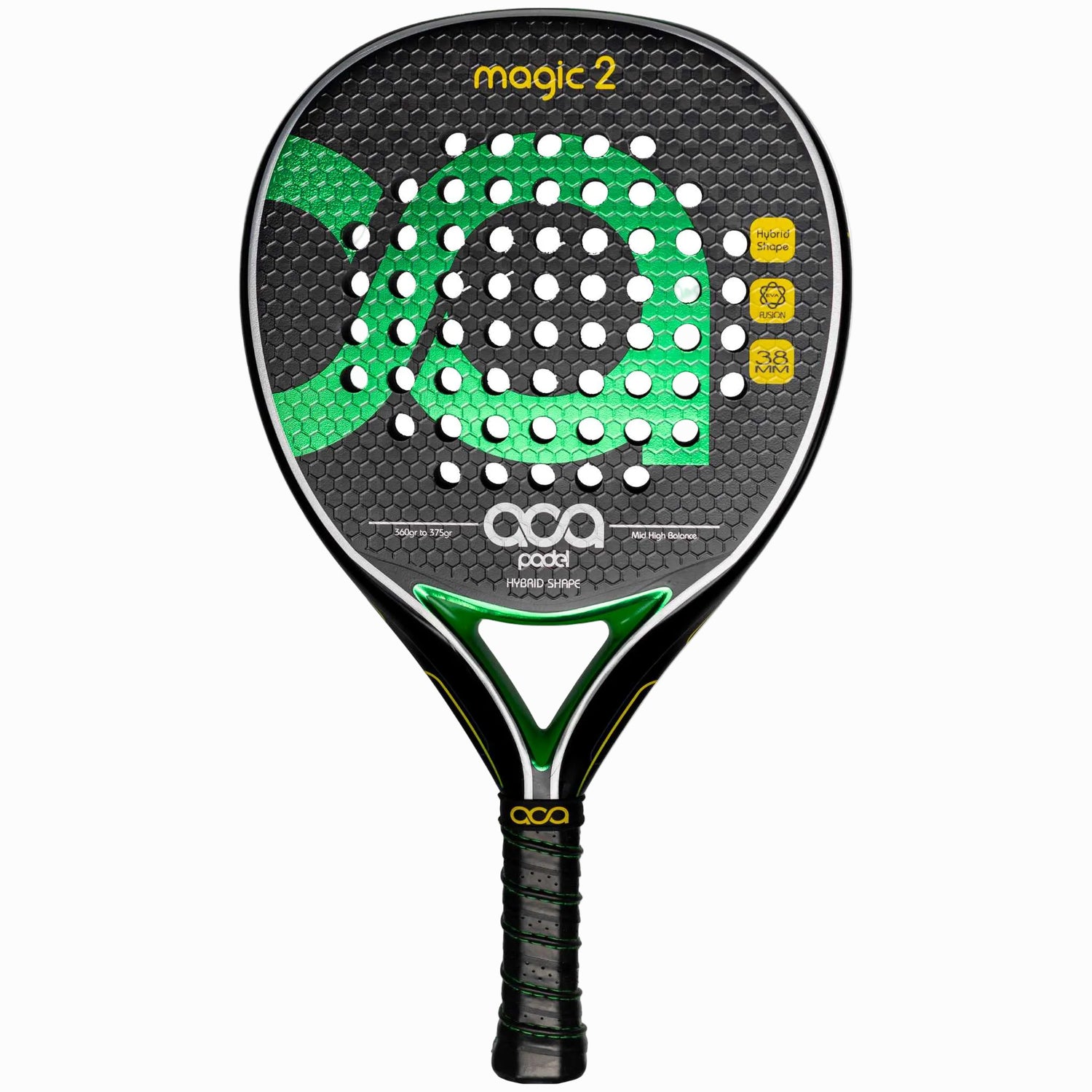 Frontansicht des ACA Magic 2 Padelschlägers aus 12K Carbon mit tropfenförmiger Form.