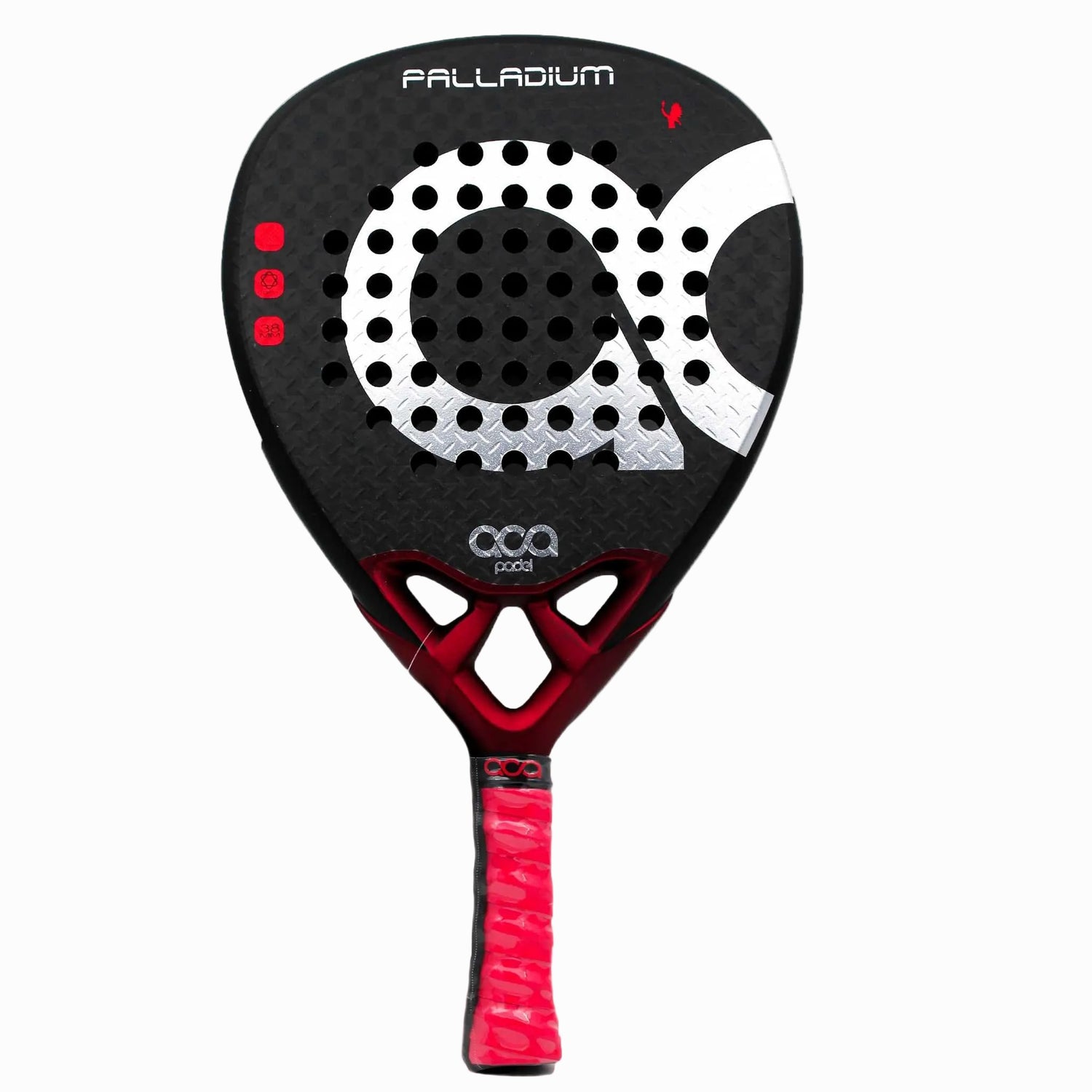 Frontansicht des ACA Padel Palladium Schlägers aus 12K Carbon in Schwarz mit markanten roten Akzenten.