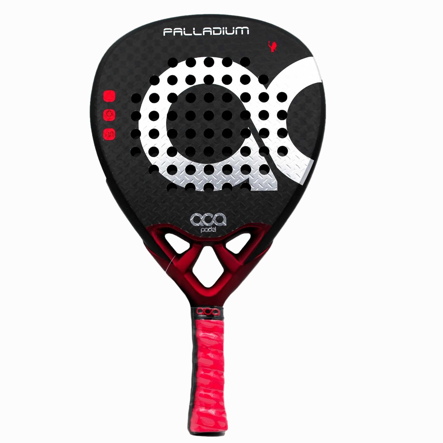 Frontansicht des ACA Padel Palladium Schlägers aus 12K Carbon in Schwarz mit markanten roten Akzenten.