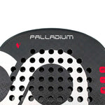 Detailansicht der Schlägerspitze mit dem Schriftzug Palladium und dem roten Löwen-Logo auf Carbon.