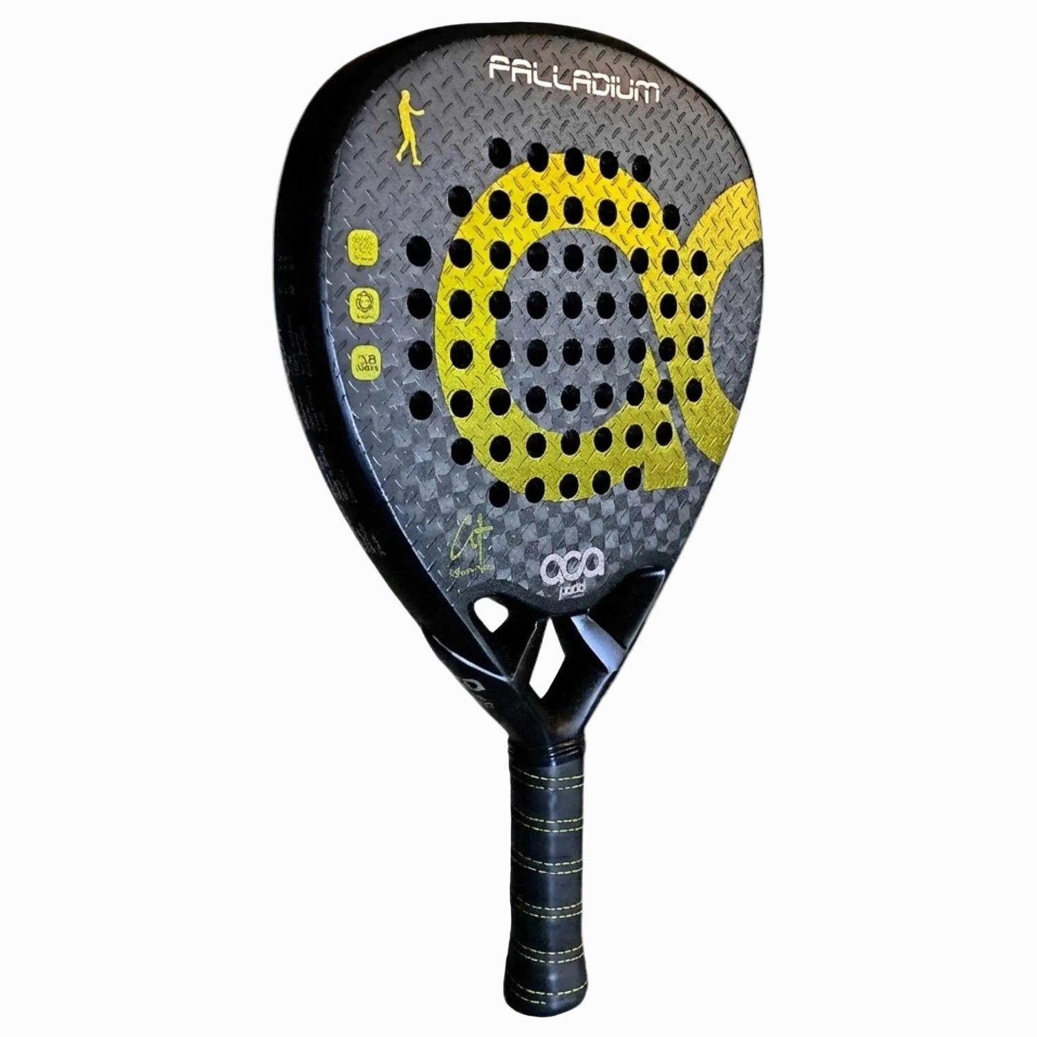 Seitliche Ansicht des ACA Padel Palladium Gold, welche die Textur hervorhebt