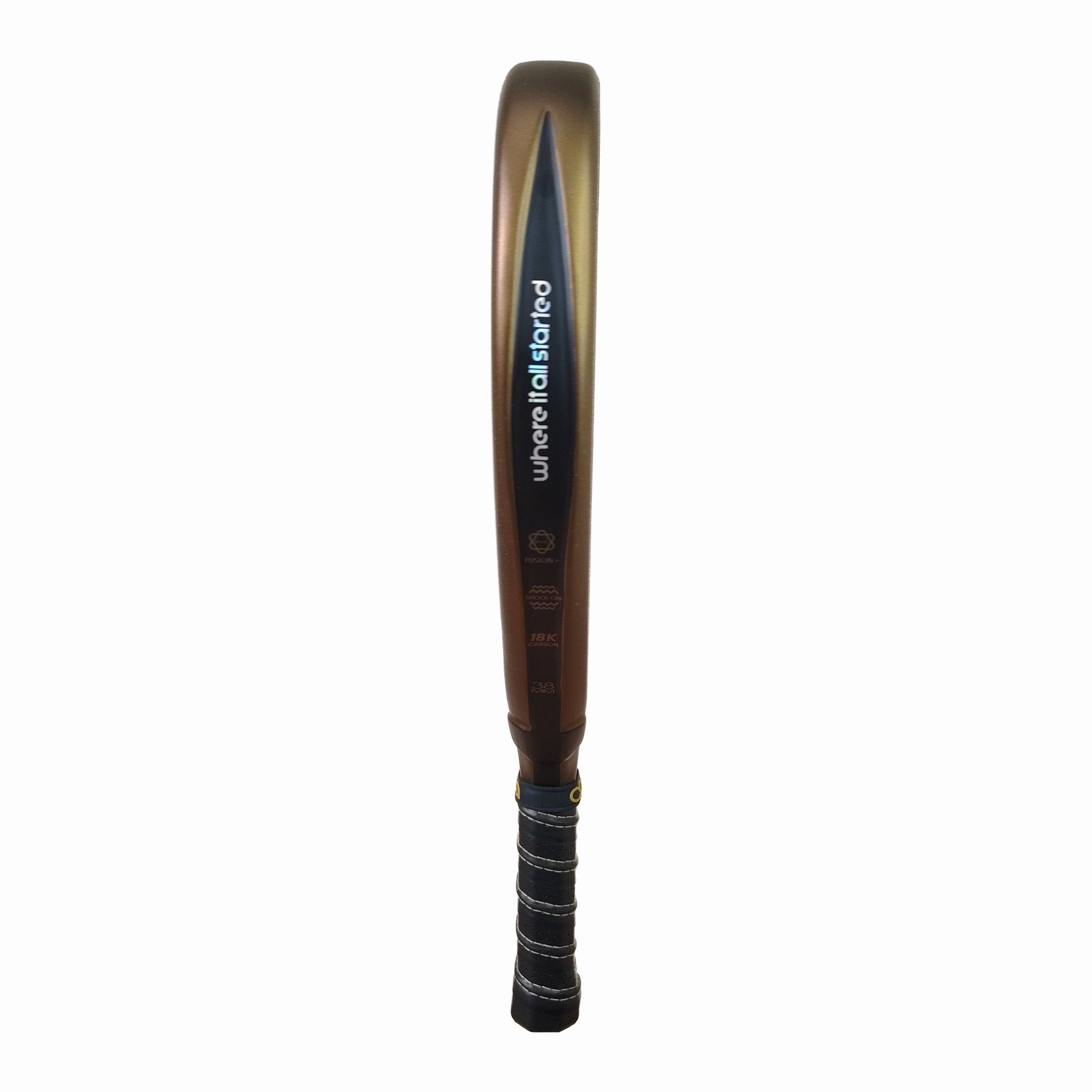 Seitenprofil des ACA Palladium Gold. Detailaufnahme des 38 mm starken Rahmens mit den gut sichtbaren Spezifikationen wie 18K Carbon und dem dual-density EVA Fusion + Kern für explosive Power.