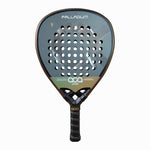 Frontalansicht des ACA Padel Palladium Gold Padelschlägers. Edles Racket in Gold und Schwarz mit Diamant-Form, 18K Carbon-Schlagfläche und der strukturierten ACA 3D + Sand Oberfläche für maximalen Spin.