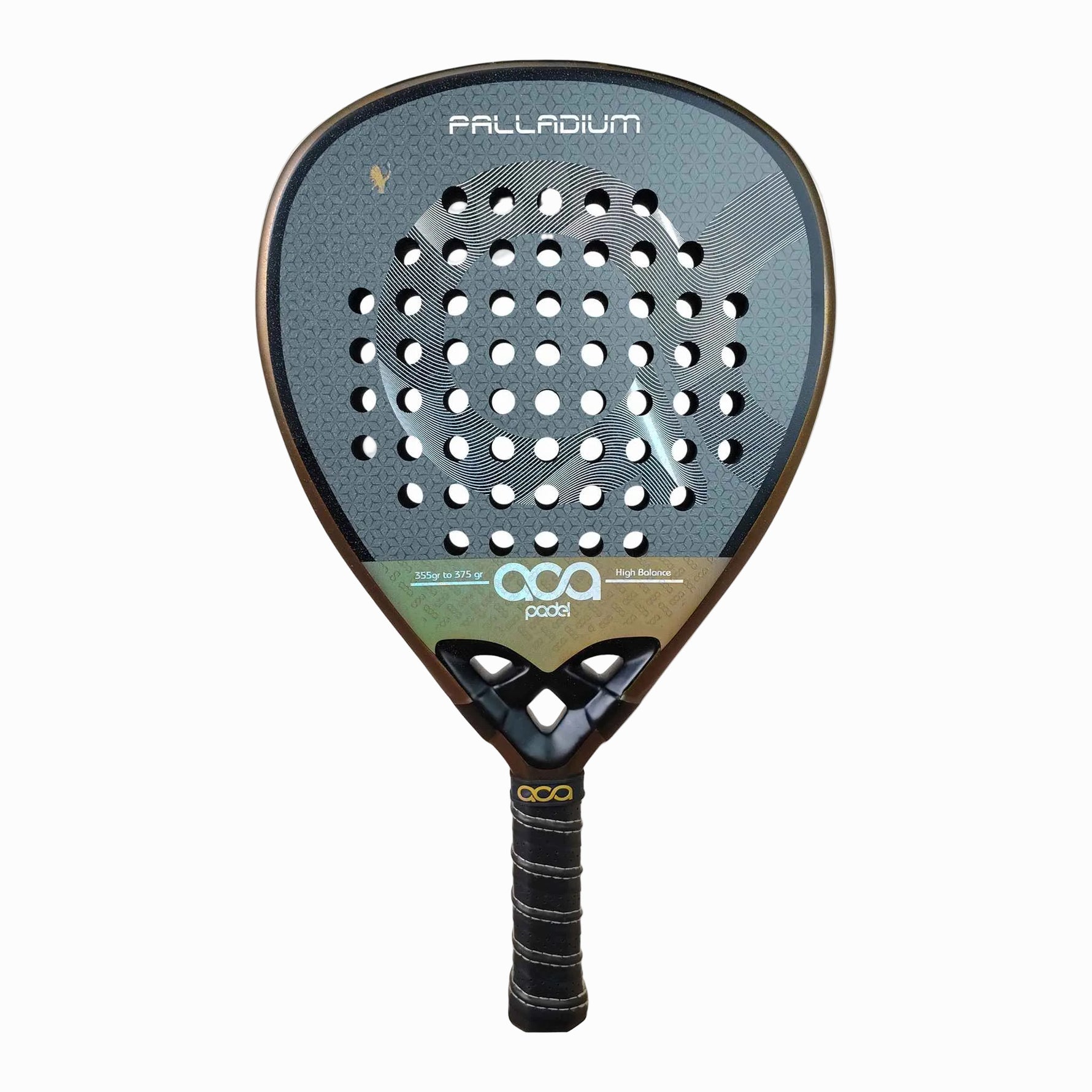 Frontalansicht des ACA Padel Palladium Gold Padelschlägers. Edles Racket in Gold und Schwarz mit Diamant-Form, 18K Carbon-Schlagfläche und der strukturierten ACA 3D + Sand Oberfläche für maximalen Spin.