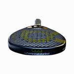 Seitenprofil des ACA Padel Palladium Gold, das die 38mm Rahmenstärke und den gold/schwarzen Schläger zeigt.