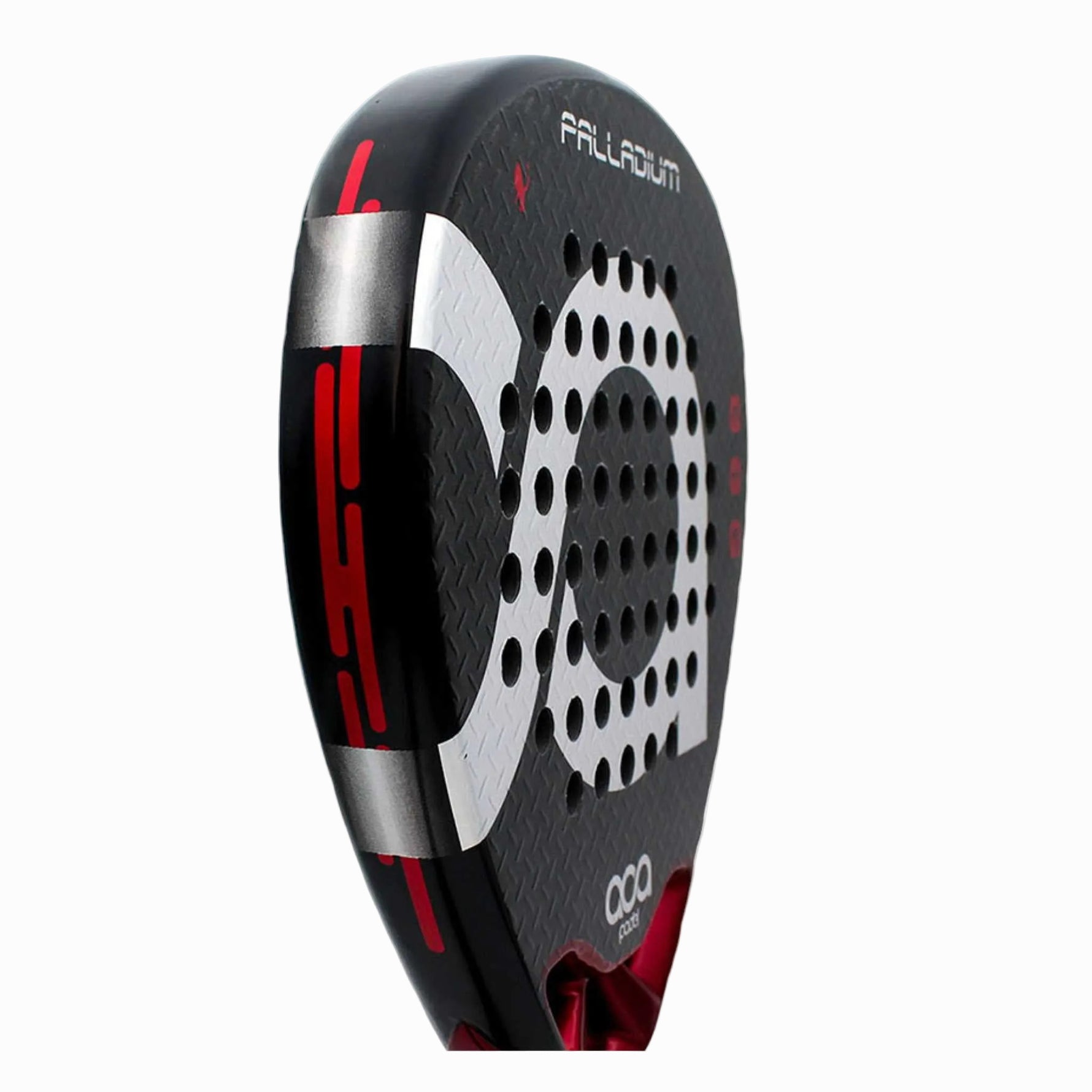 Seitenprofil des ACA Padel Palladium, das den stabilen Rahmen und das dynamische Design in Schwarz-Rot zeigt.