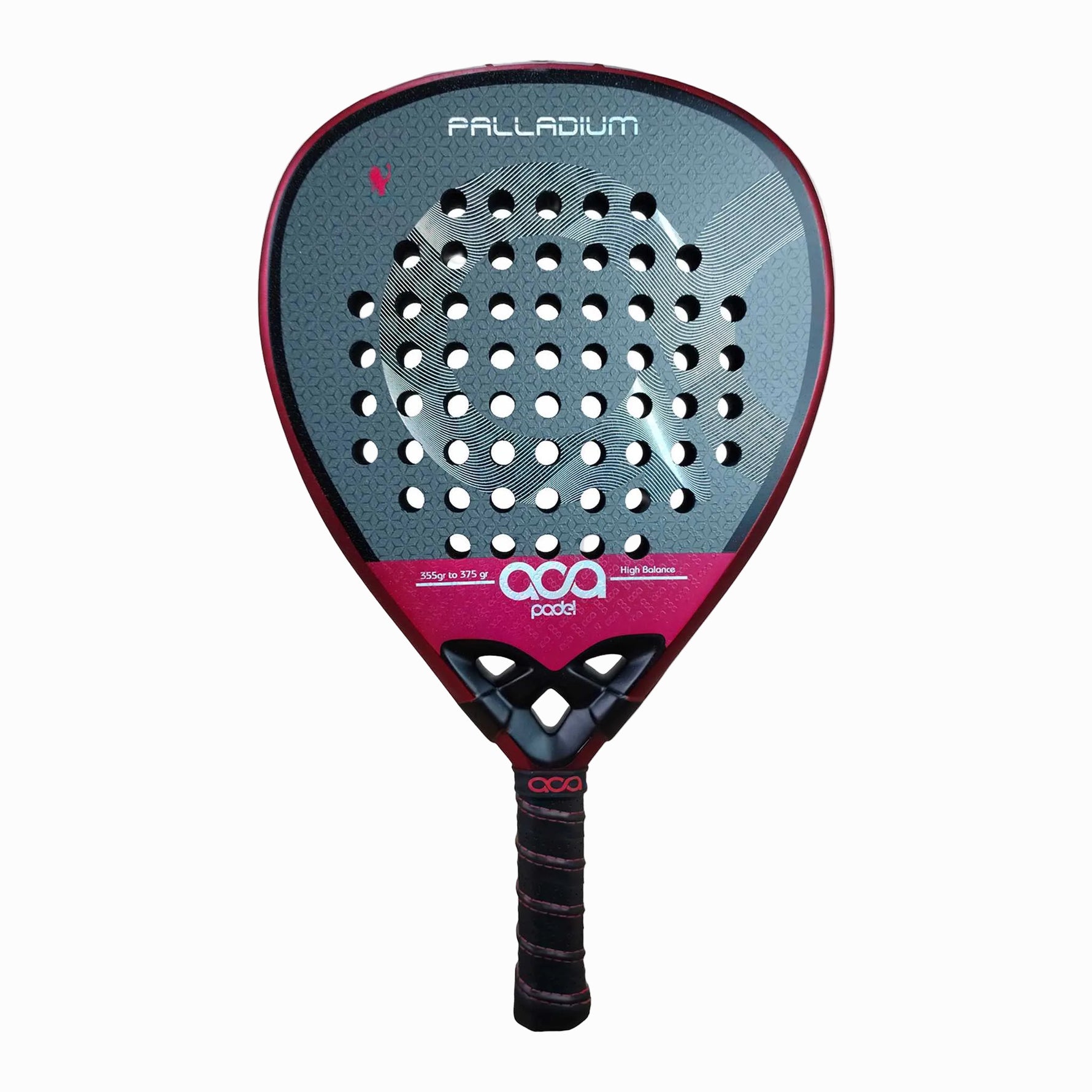 Frontalansicht des ACA Padel Palladium Red 2026 Padelschlägers. Aggressives Diamant-Racket in rotem und grauem Design mit 12K Carbon Schlagfläche und großem ACA-Logo.