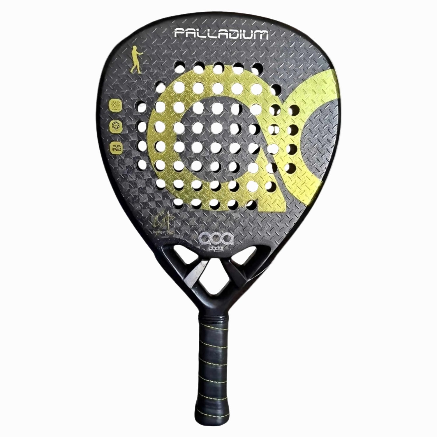 Frontansicht des ACA Palladium Gold Padelschlägers aus 12K Carbon mit diamantförmiger Form.