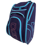 Schräge Ansicht der ACA Padel Pro Bag in Blau-Lila mit hellblauen Akzenten und pinkem Logo.