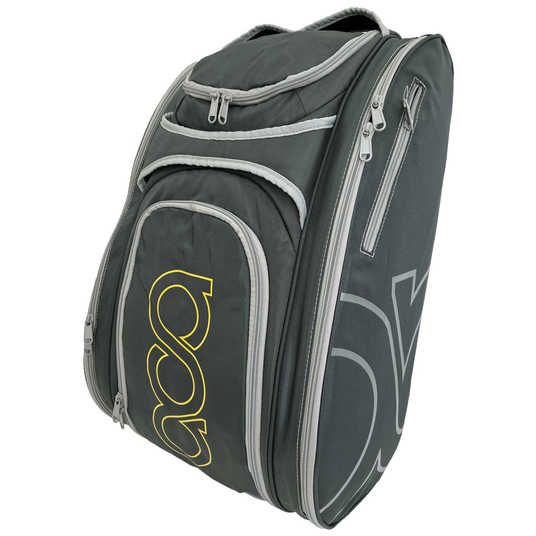 Schräge Ansicht der ACA Padel Pro Bag in Grau mit neongrünen Akzenten und großem Logo-Outline.