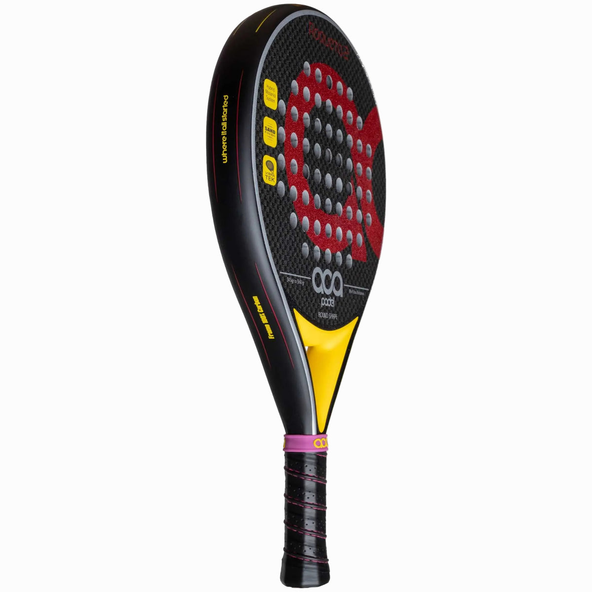 Seitenansicht des ACA Roqueta 2 Padelschlägers. Profil und Rahmenstärke des ACA Rackets.