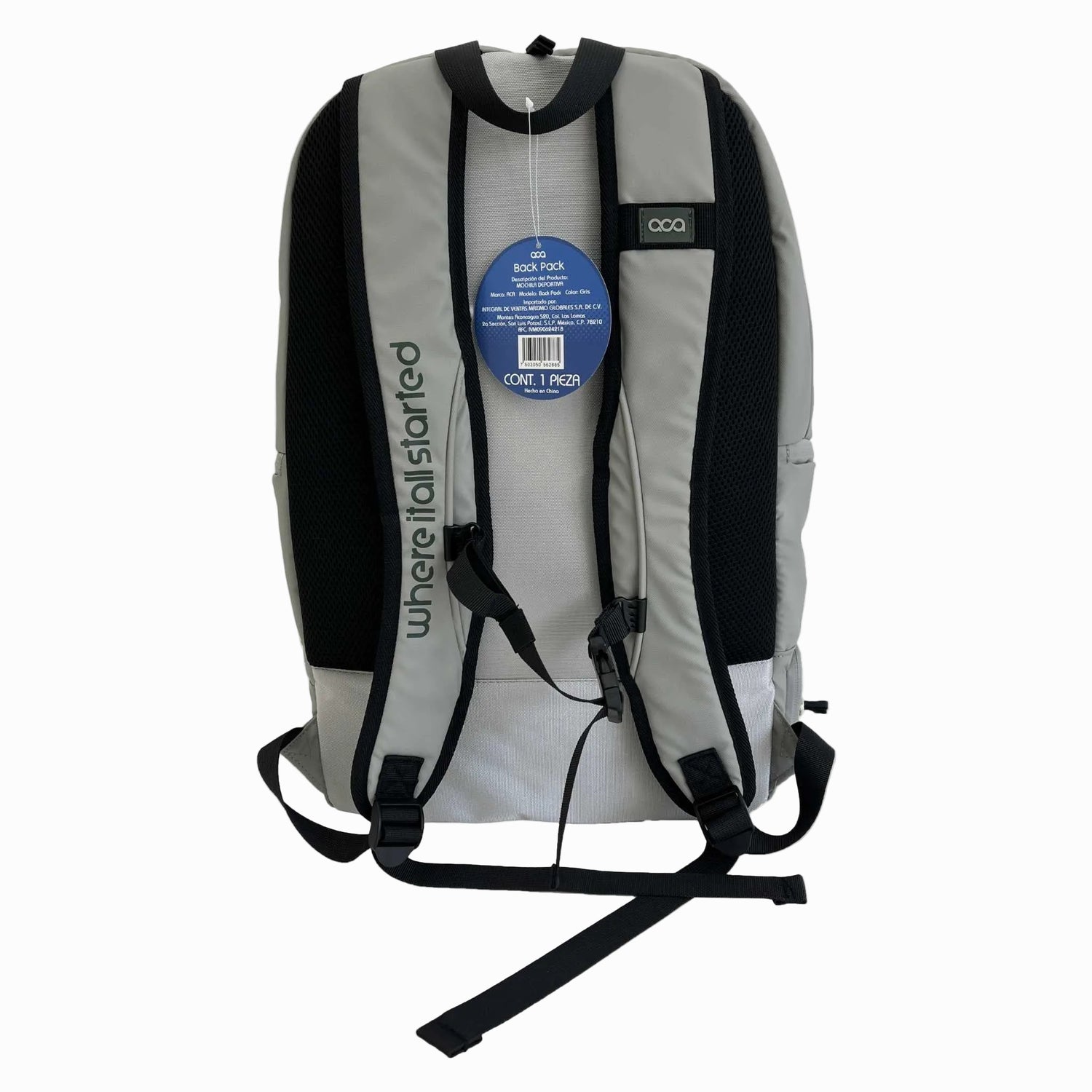Rückseite des grauen Rucksacks mit gepolsterten Tragegurten und dem vertikalen Slogan 'where it all started'