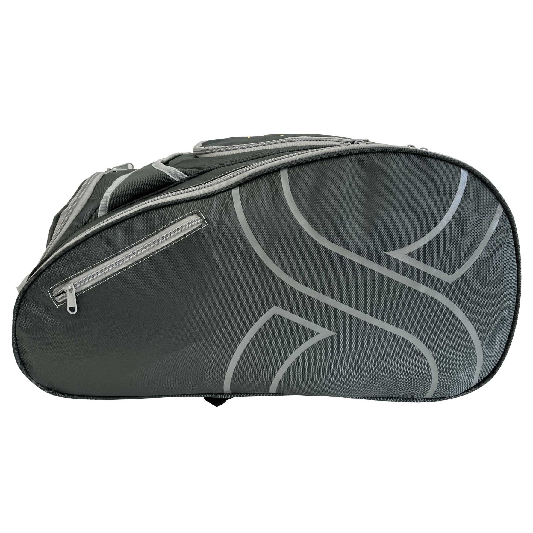 Seitenprofil der grauen Padel Sporttasche, das die grünen Design-Linien und die großen Seitenfächer zeigt.