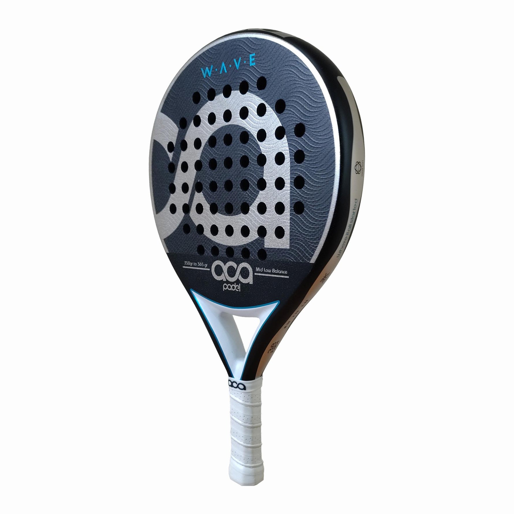Seitliche Ansicht des ACA Wave Schlägers im CourtCrusher Shop. Das Bild zeigt das edle schwarz-weiße Design sowie die Aufdrucke für die grifflastige Mid-Low Balance und das Gewicht von 350 bis 365 Gramm.