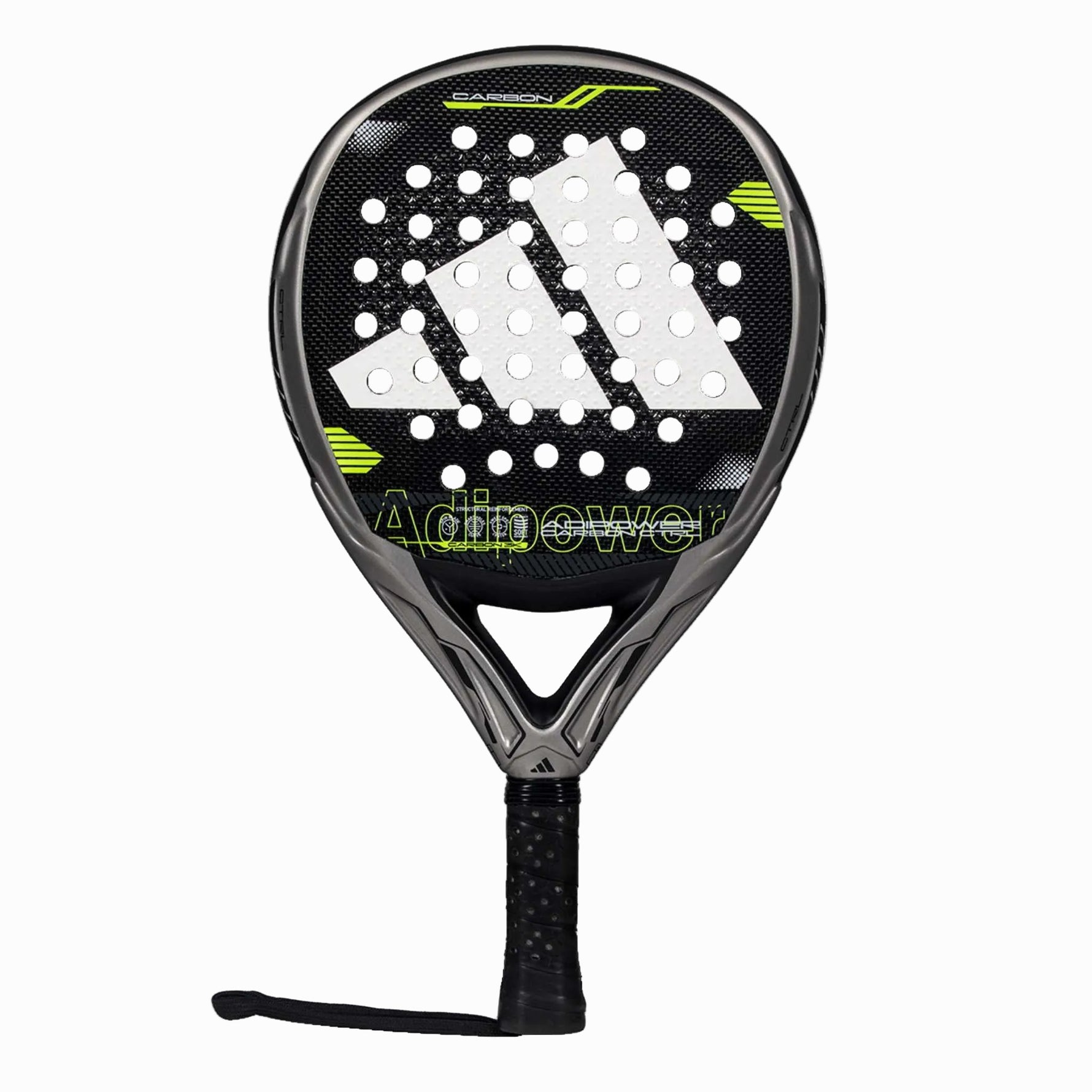 Frontansicht des Adidas Adipower Carbon CTRL Padelschlägers mit runder Kontroll-Form und Carbon Oberfläche.