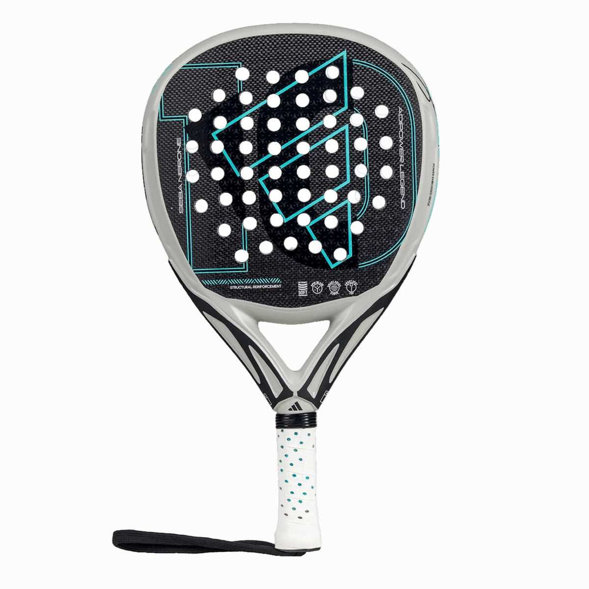 Frontansicht des Adidas Adipower Legend Padelschlägers im Diamond-Format, entworfen für Seba Nerone.