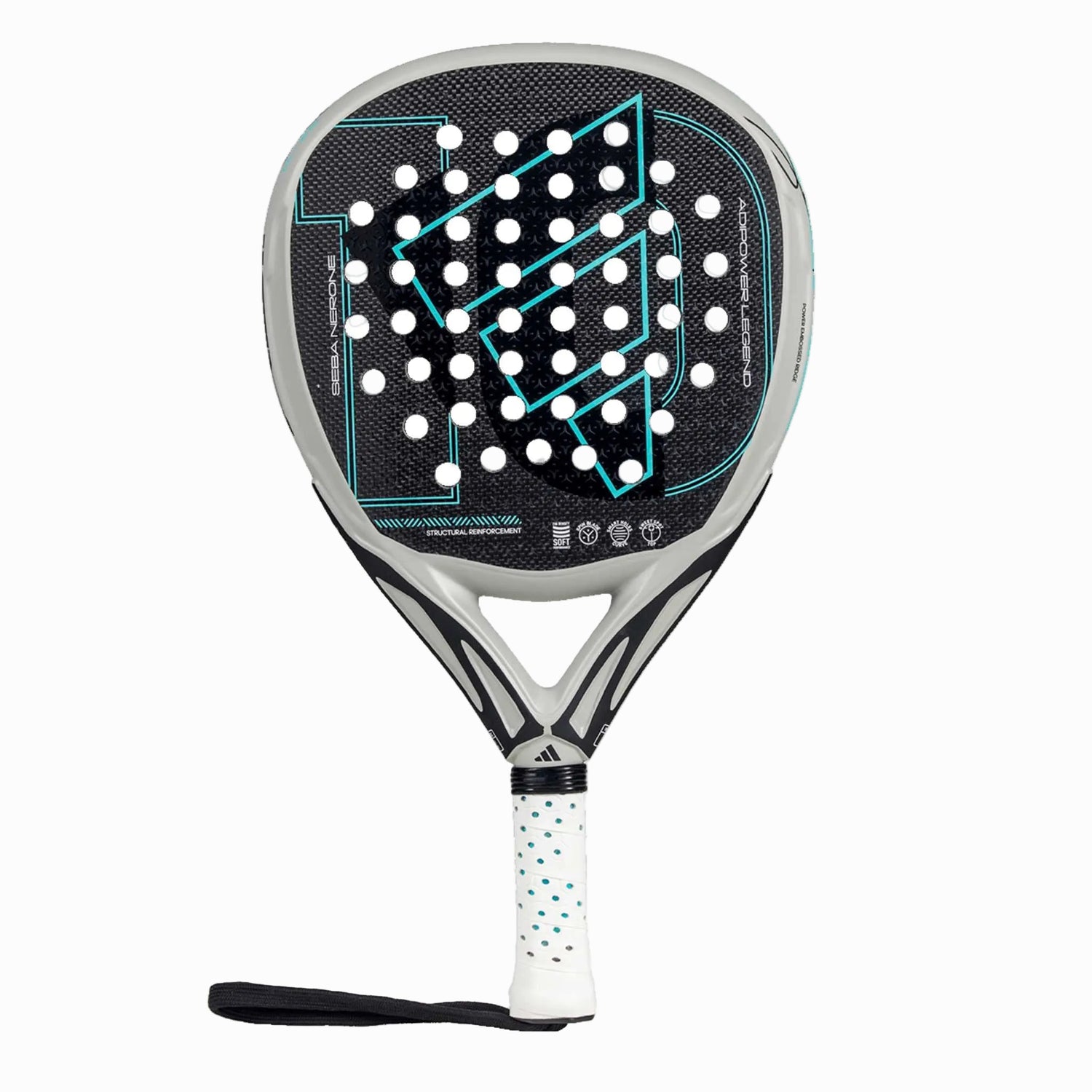 Frontansicht des Adidas Adipower Legend Padelschlägers im Diamond-Format, entworfen für Seba Nerone.