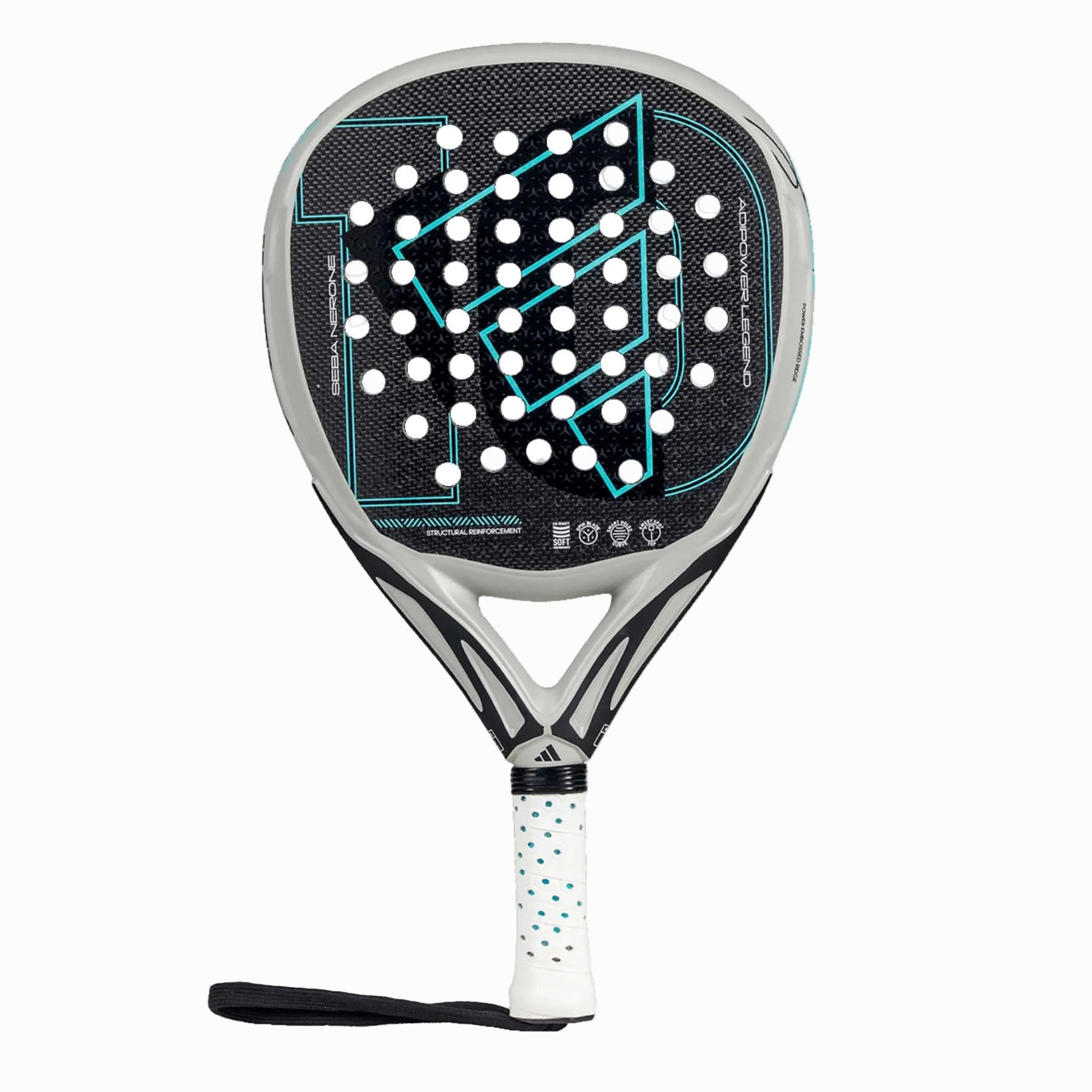 Frontansicht des Adidas Adipower Legend Padelschlägers im Diamond-Format, entworfen für Seba Nerone.