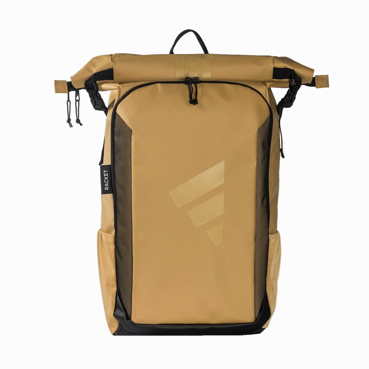 Frontansicht des sandfarbenen Adidas Multigame Arena 3.4 mit modernem Rolltop-Verschluss und Logo.