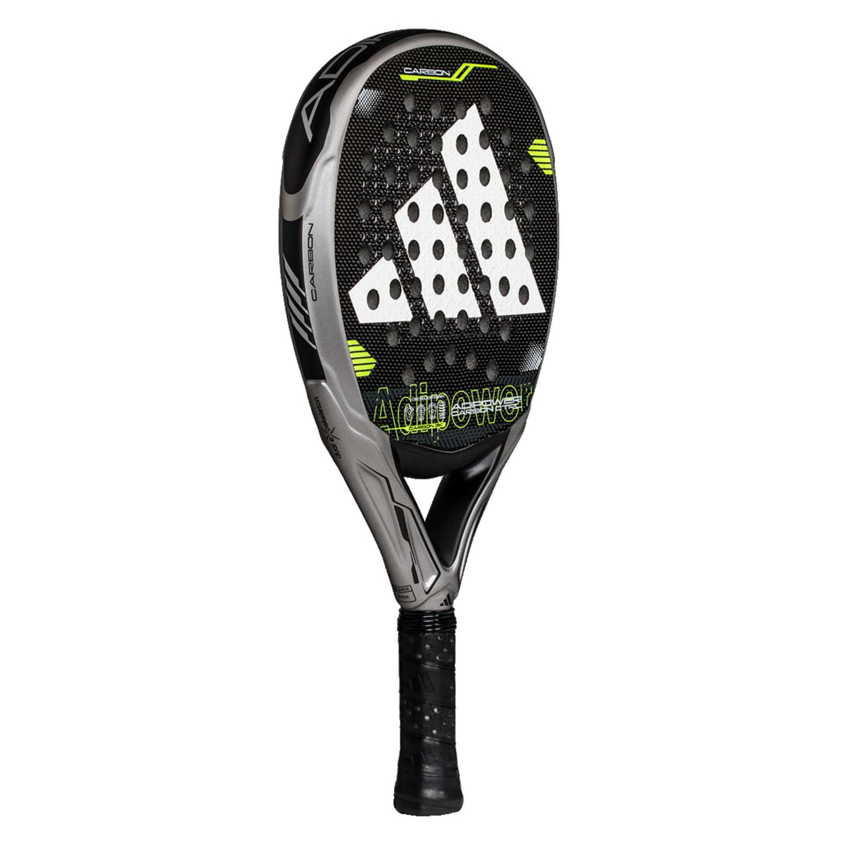 Schräge Ansicht des Adidas Padel Schlägers, die das schwarz-graue Design mit neongrünen Akzenten zeigt.