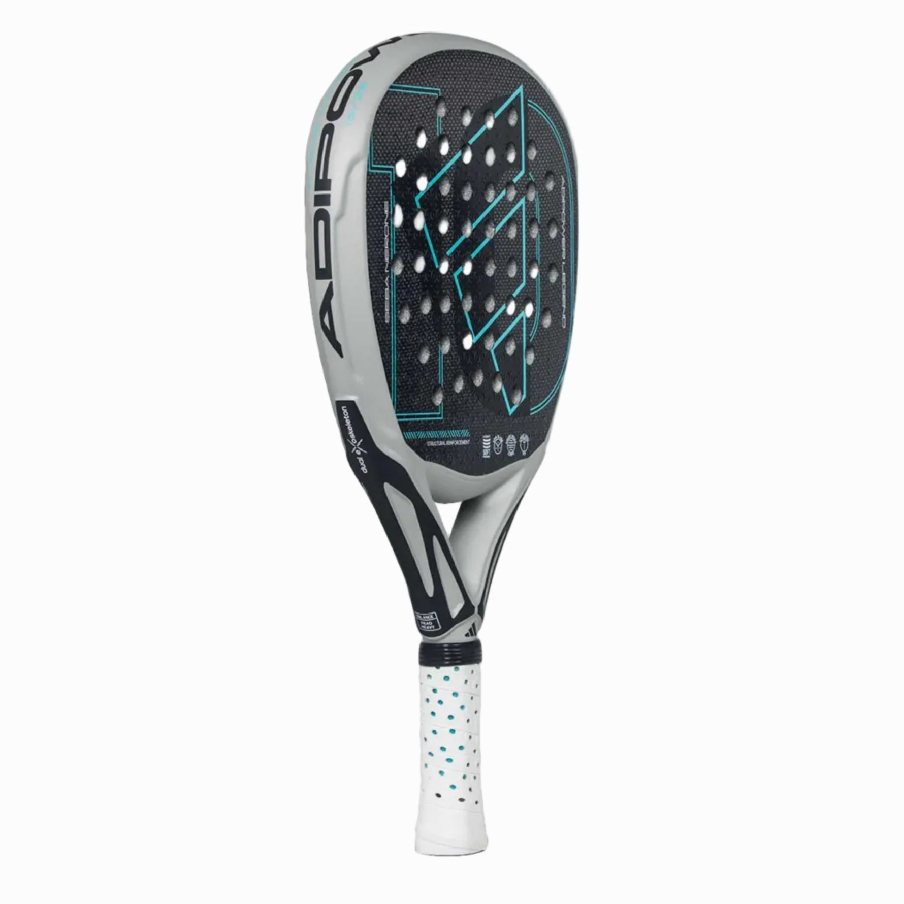 Schräge Ansicht des silbernen Adipower Legend Schlägers mit markanten blauen und schwarzen Design-Elementen.