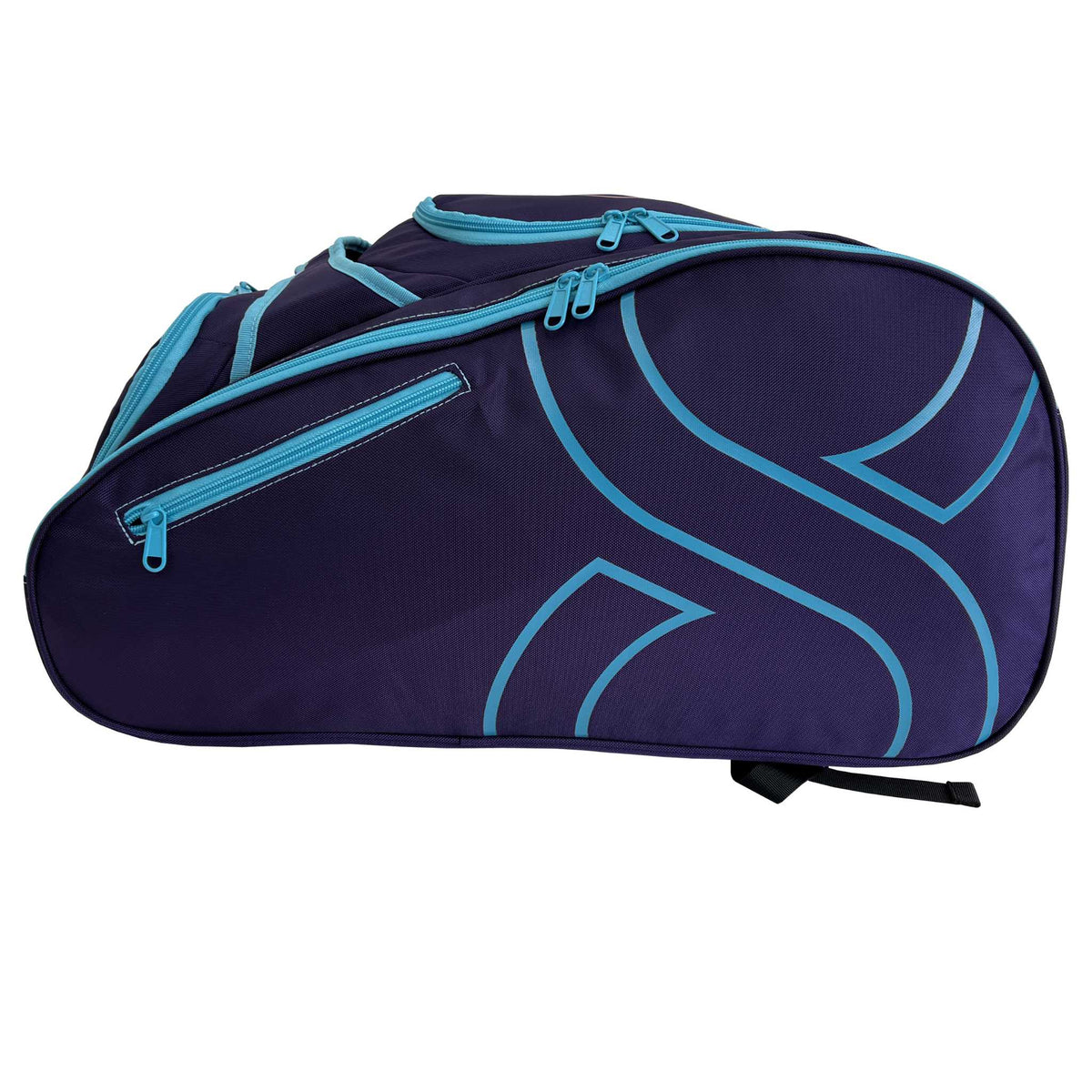 eitenprofil der großen Padel Sporttasche, das die robusten Reißverschlüsse und das dynamische Design zeigt.