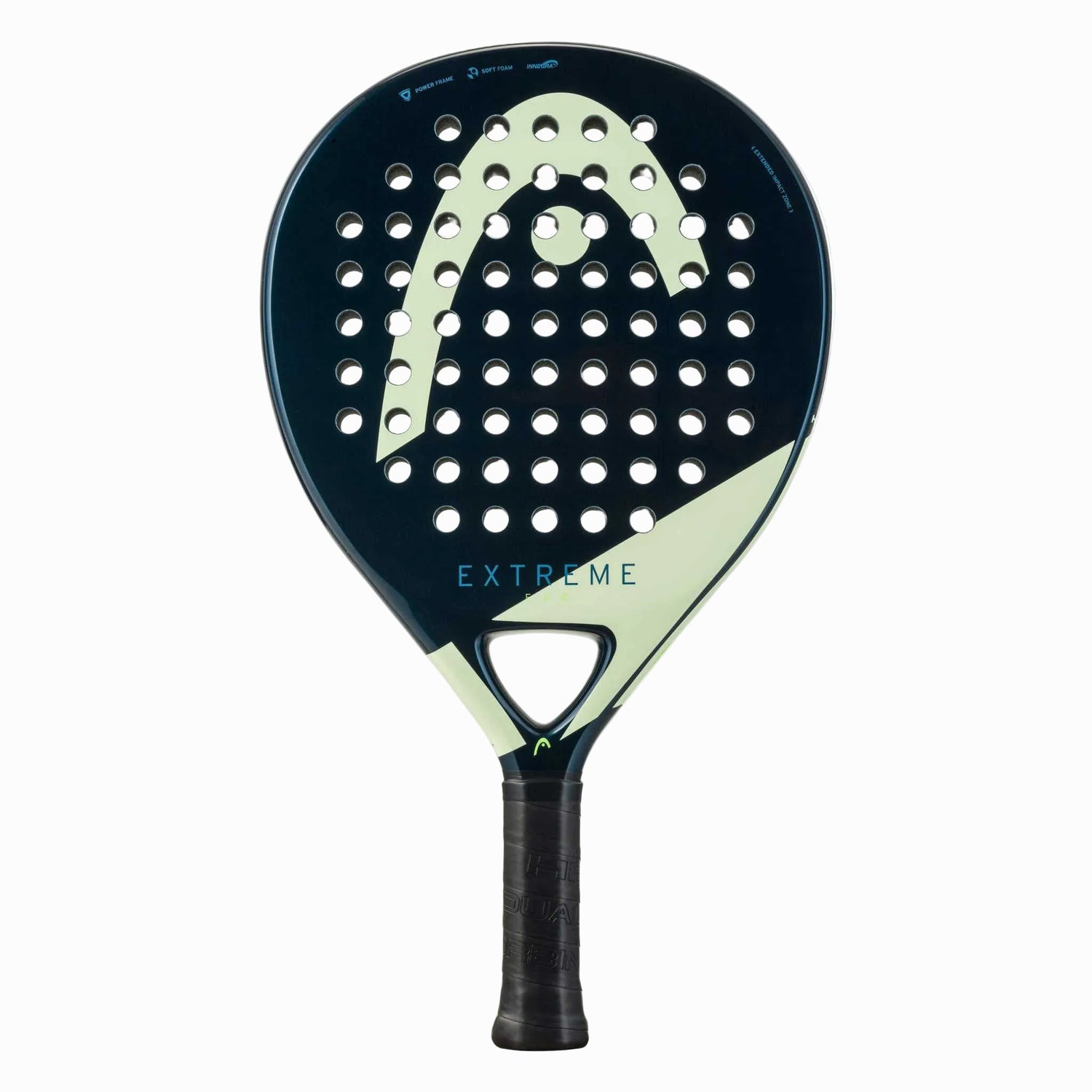 Frontansicht des Head Evo Extreme 2025 Padelschlägers in Dunkelblau mit Teardrop-Form für maximalen Komfort.