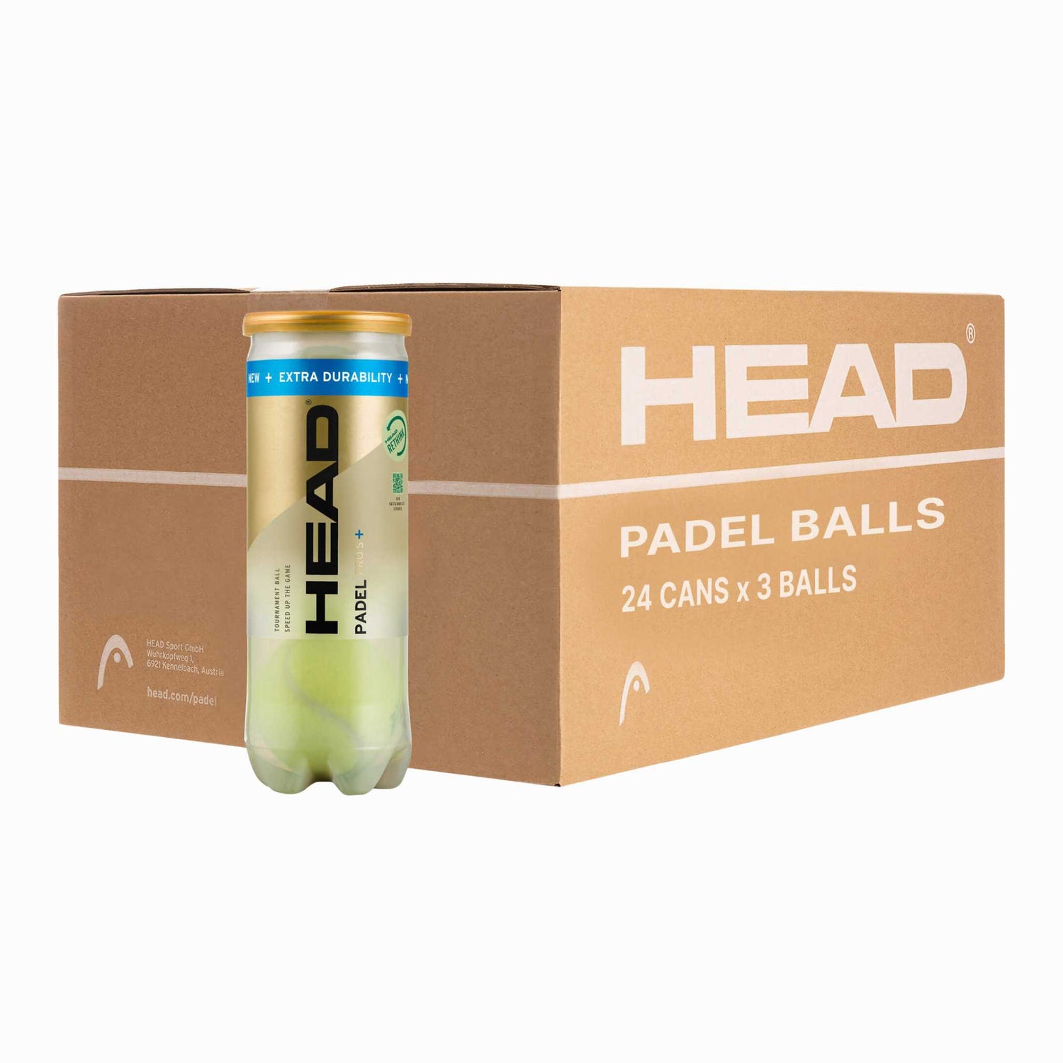 Versandkarton mit 24 Dosen Head Padel Pro S+ Bällen, ideal als Großverpackung für Vereine.