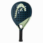 Schräge Ansicht des Head Padel Evo Extreme, die das moderne Design in Blau und Hellgrün zeigt.