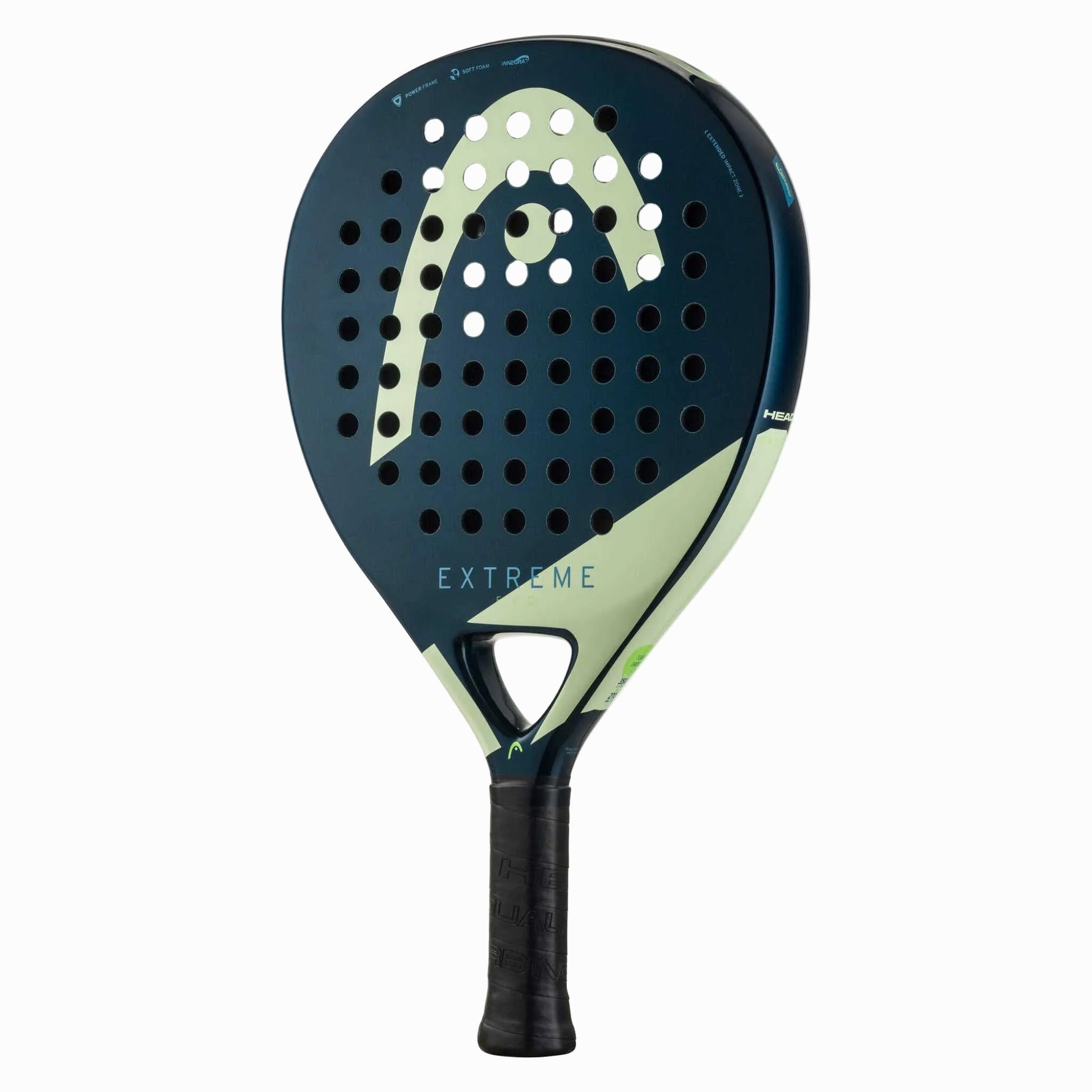 Schräge Ansicht des Head Padel Evo Extreme, die das moderne Design in Blau und Hellgrün zeigt.