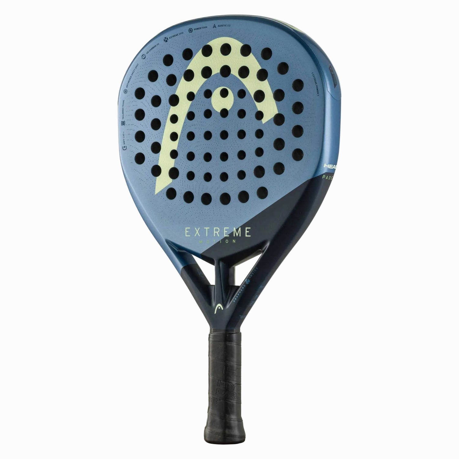 Schräge Ansicht des Head Extreme Motion in Blau-Grau, die das moderne Design und die matte Oberfläche zeigt.