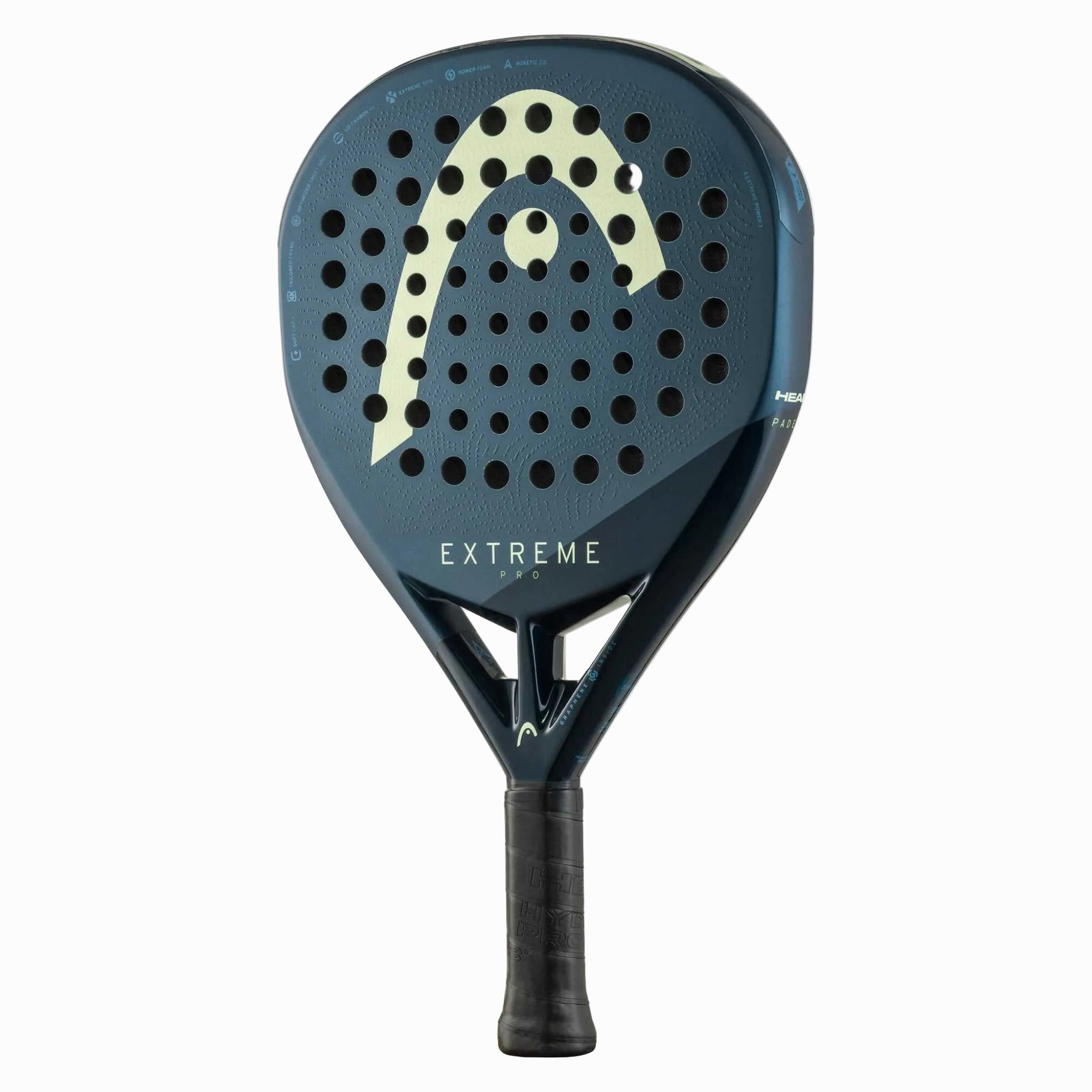 Schräge Ansicht des Head Extreme Pro in elegantem Matt-Schwarz mit dem ikonischen gelben Logo.