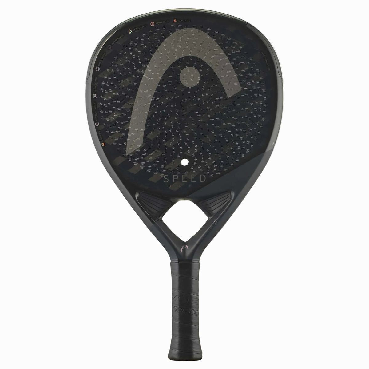 Frontansicht des Head Speed One X 2025 Padelschlägers mit Teardrop-Form und sichtbarer 12K Carbon-Oberfläche.