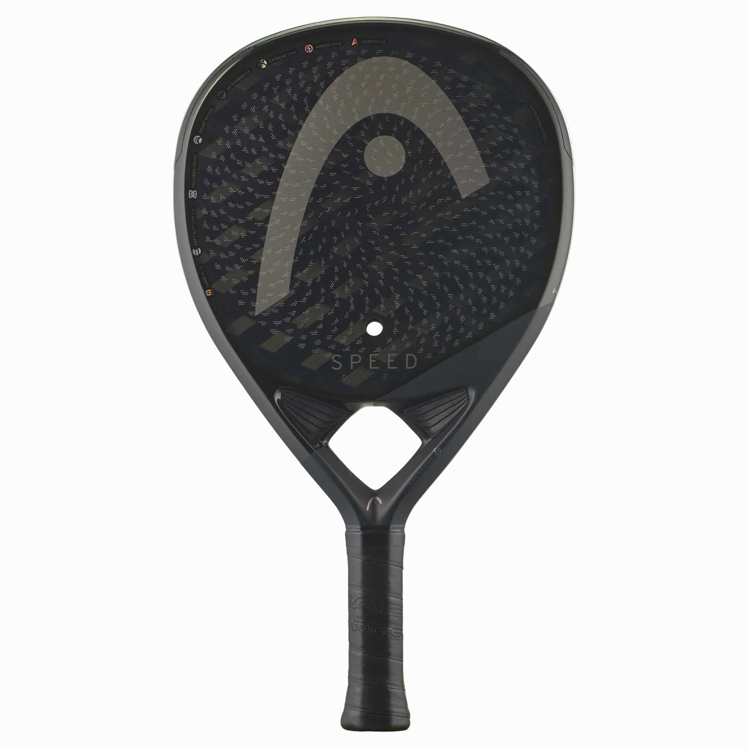 Frontansicht des Head Speed One X 2025 Padelschlägers mit Teardrop-Form und sichtbarer 12K Carbon-Oberfläche.