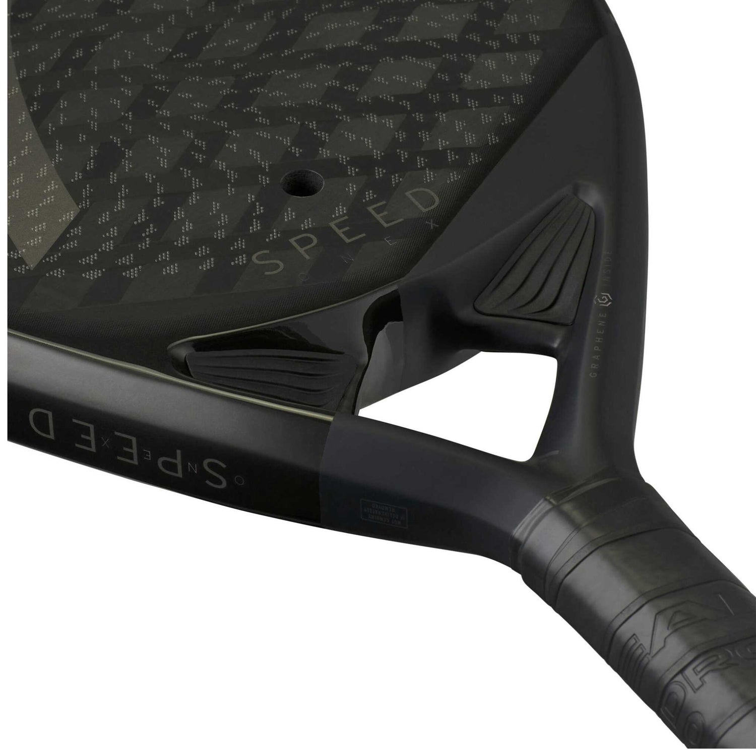 Nahaufnahme der Carbon-Schlagfläche des Speed One X mit Auxetic 2.0 Technologie für präzises Feedback.