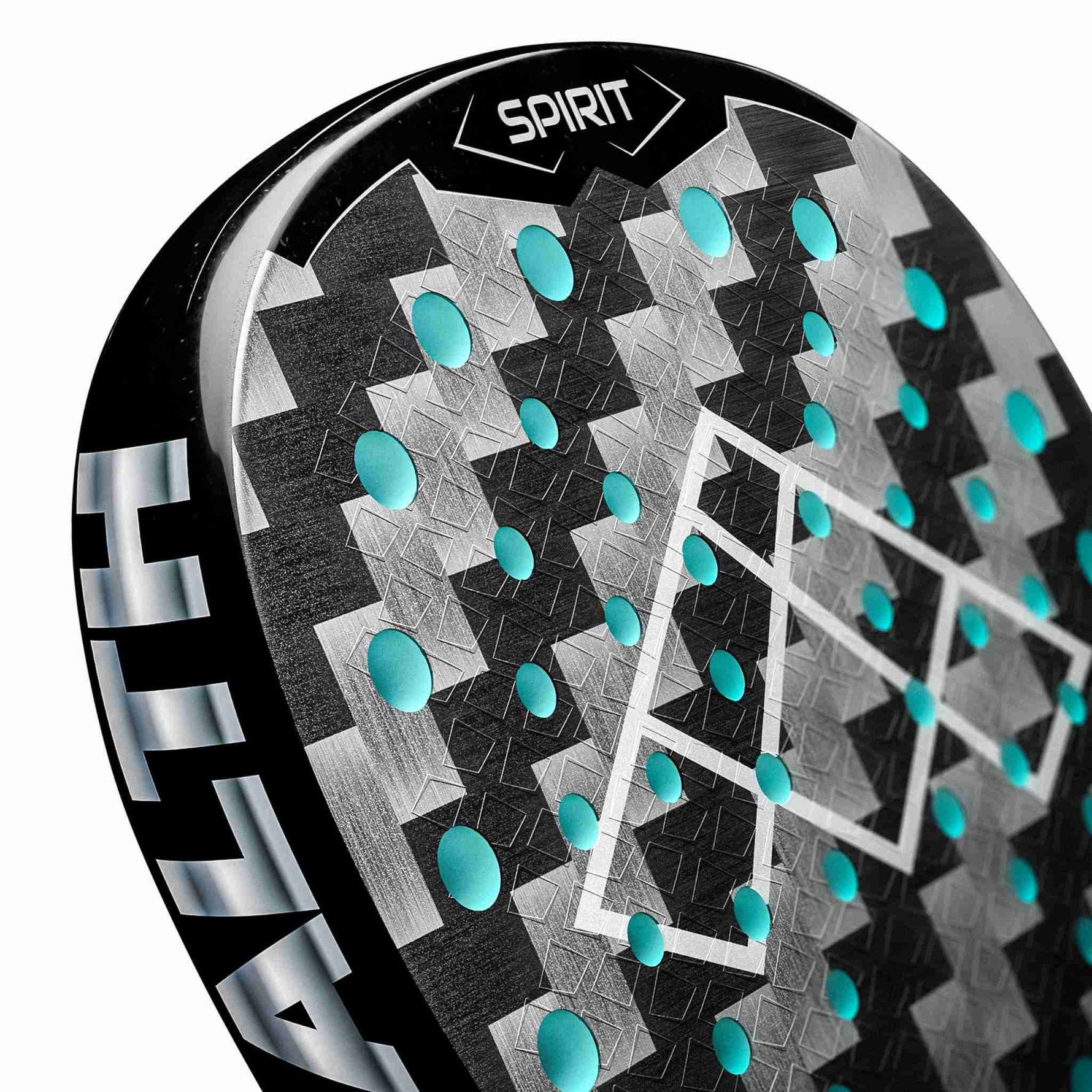 Nahaufnahme der Schlagfläche des Stealth Spirit Padelschlägers. Detaillierte Sicht auf die 18K ALU Twill Carbon Struktur und die sandgestrahlte 3D-Oberfläche für maximalen Spin.