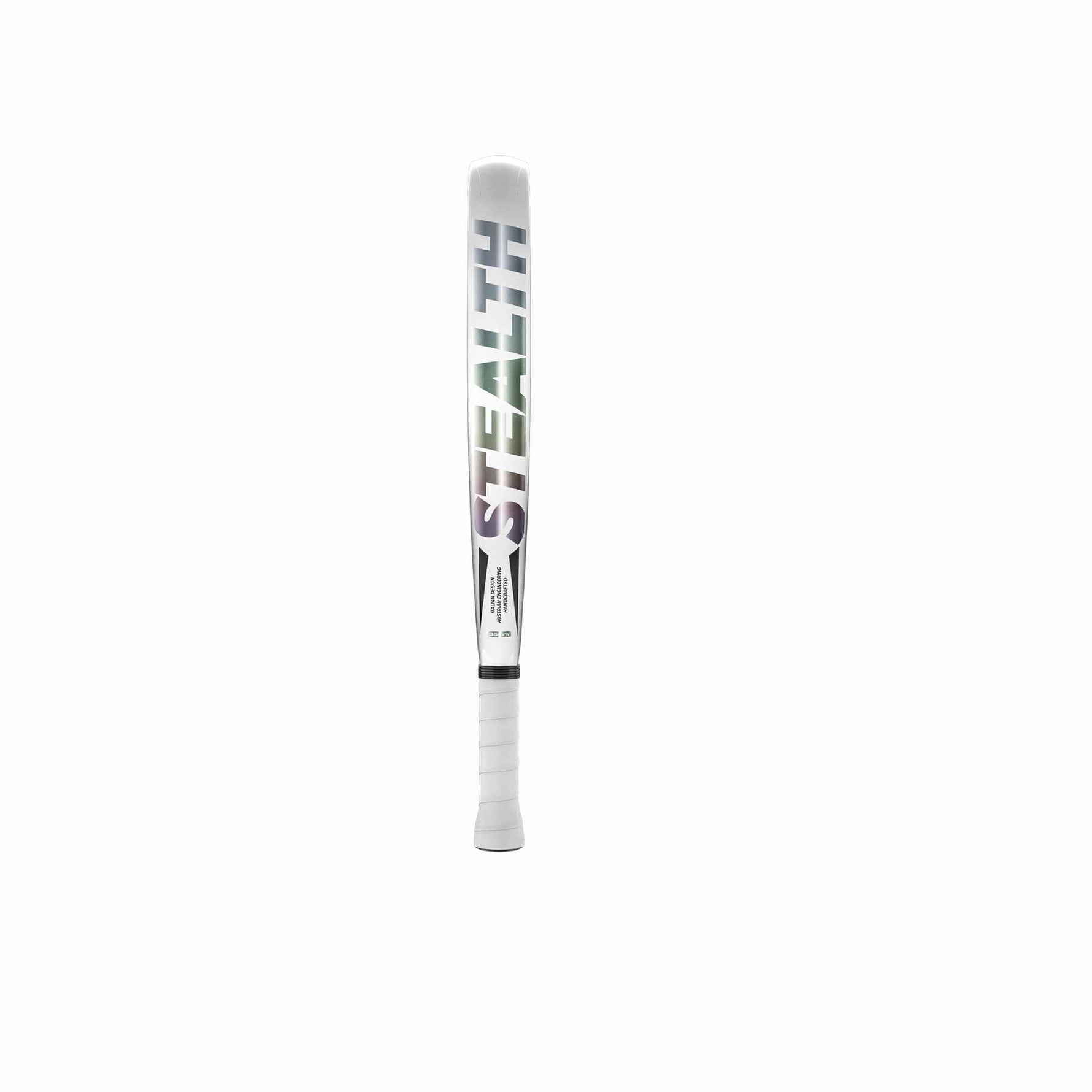 Stealth Padel Aurora Padelschläger Griff Seitenansicht – STEALTH Schriftzug, weißes Overgrip